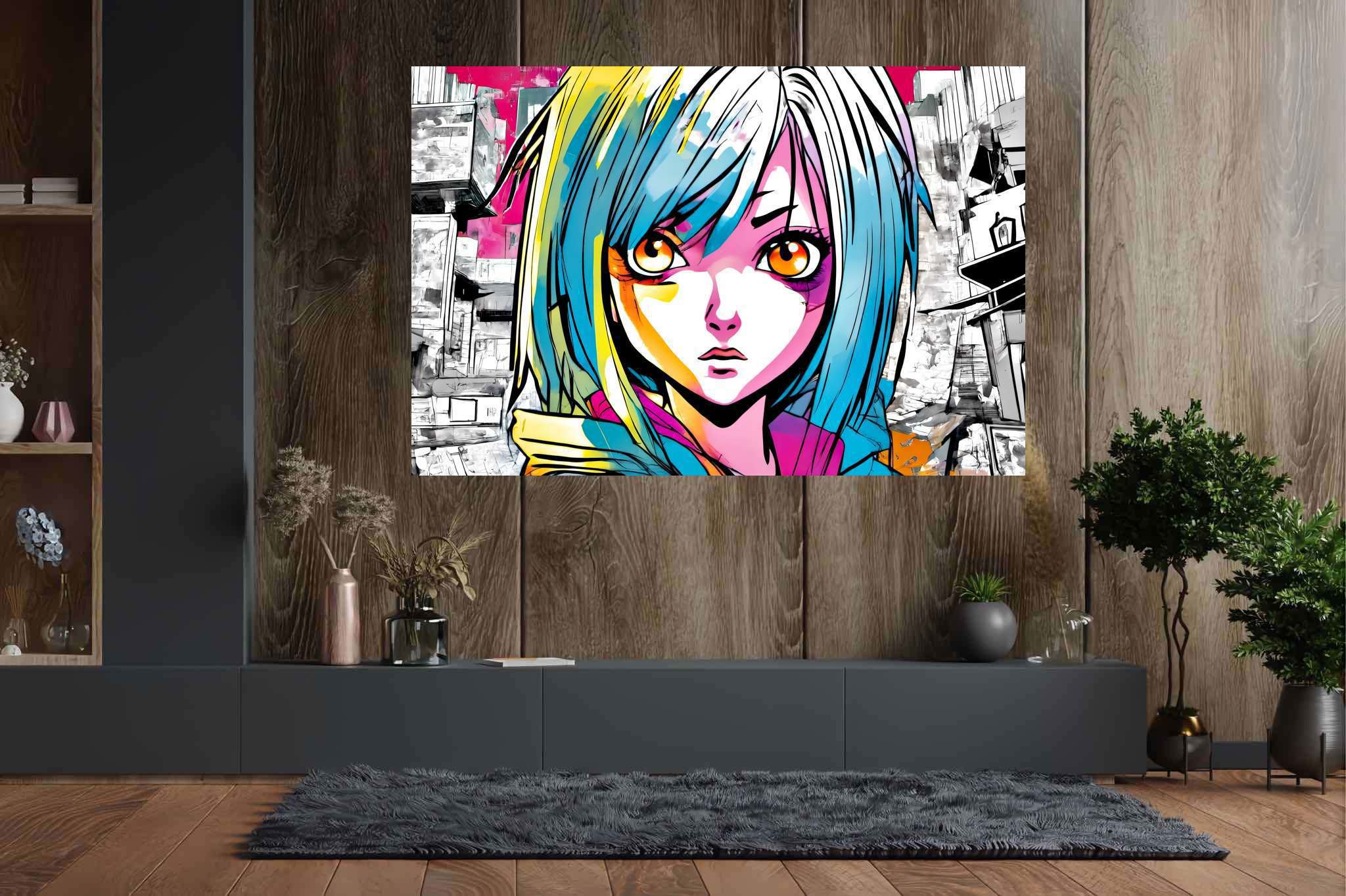 Azure gaze of youth: Anime art with anime style, in a room with chic decor, bespoke art designs, and home furnishings. The art can be printed on poster, framed poster, canvas, metal, acrylic or wood, exclusively at WallArtZen. Find this exact print at https://wallartzen.com/waz133