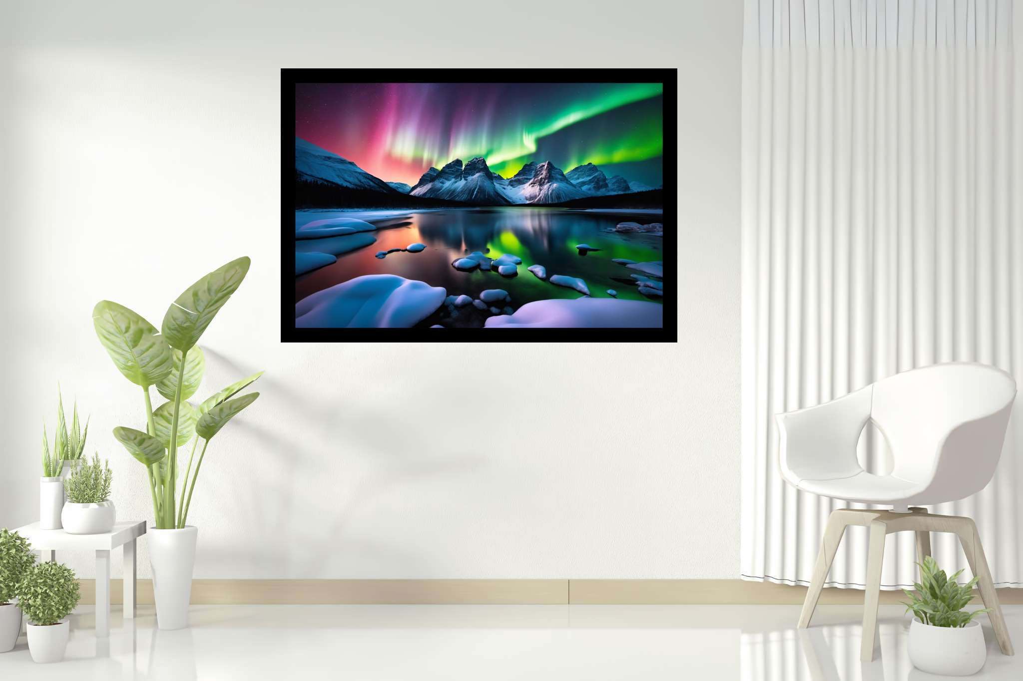 Aurora's veil over silent peaks: Majestic landscape art with grandiose landscape paintings, in a room with innovative layout, mural artworks, and designer furniture. The art can be printed on poster, framed poster, canvas, metal, acrylic or wood, exclusively at WallArtZen. Find this exact print at https://wallartzen.com/waz134