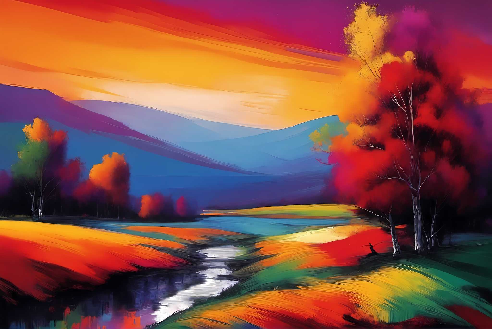 Sunset serenade in the valley: Landscape art with outdoor scenery, in a room with innovative layout, gallery-quality artwork, and designer furniture. The art can be printed on poster, framed poster, canvas, metal, acrylic or wood, exclusively at WallArtZen. Find this exact print at https://wallartzen.com/waz137