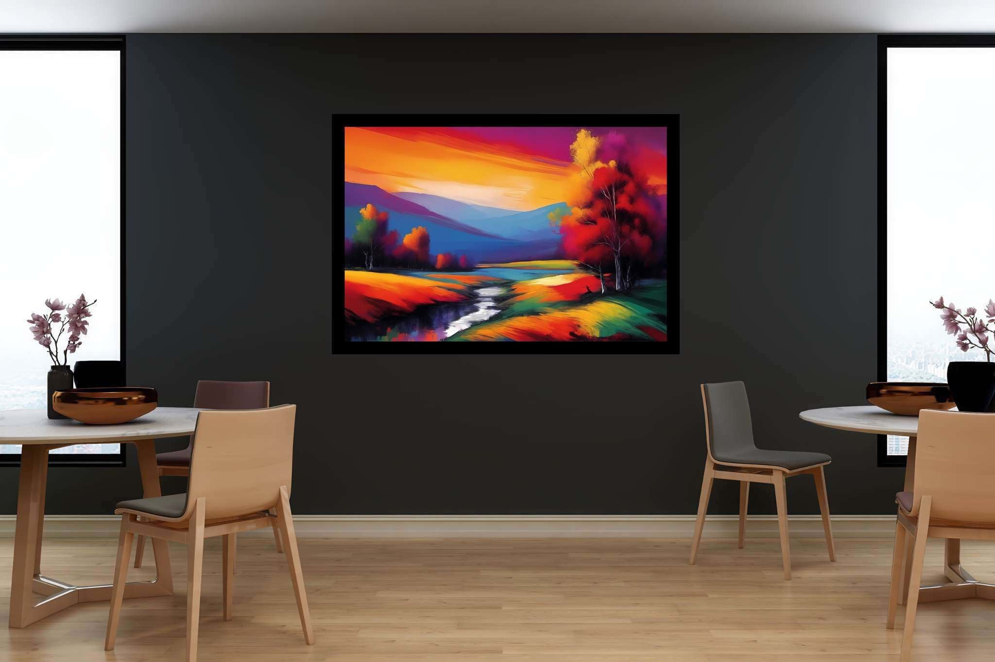 Sunset serenade in the valley: Landscape art with natural beauty, in a room with great design, gallery-quality artwork, and home furnishings. The art can be printed on poster, framed poster, canvas, metal, acrylic or wood, exclusively at WallArtZen. Find this exact print at https://wallartzen.com/waz137