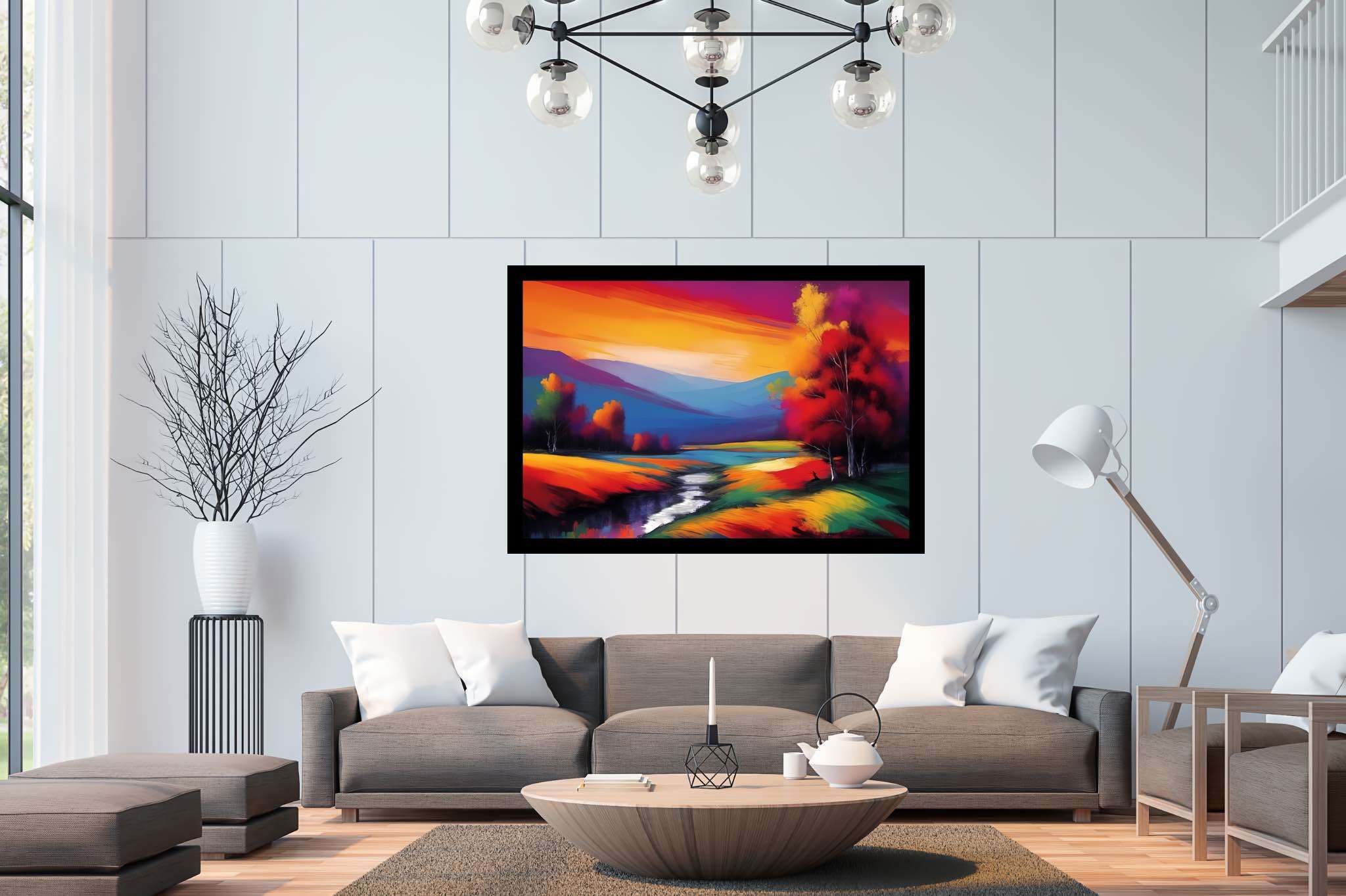 Sunset serenade in the valley: Landscape art with picturesque views, in a room with contemporary flair, fine art prints, and interior decorations. The art can be printed on poster, framed poster, canvas, metal, acrylic or wood, exclusively at WallArtZen. Find this exact print at https://wallartzen.com/waz137