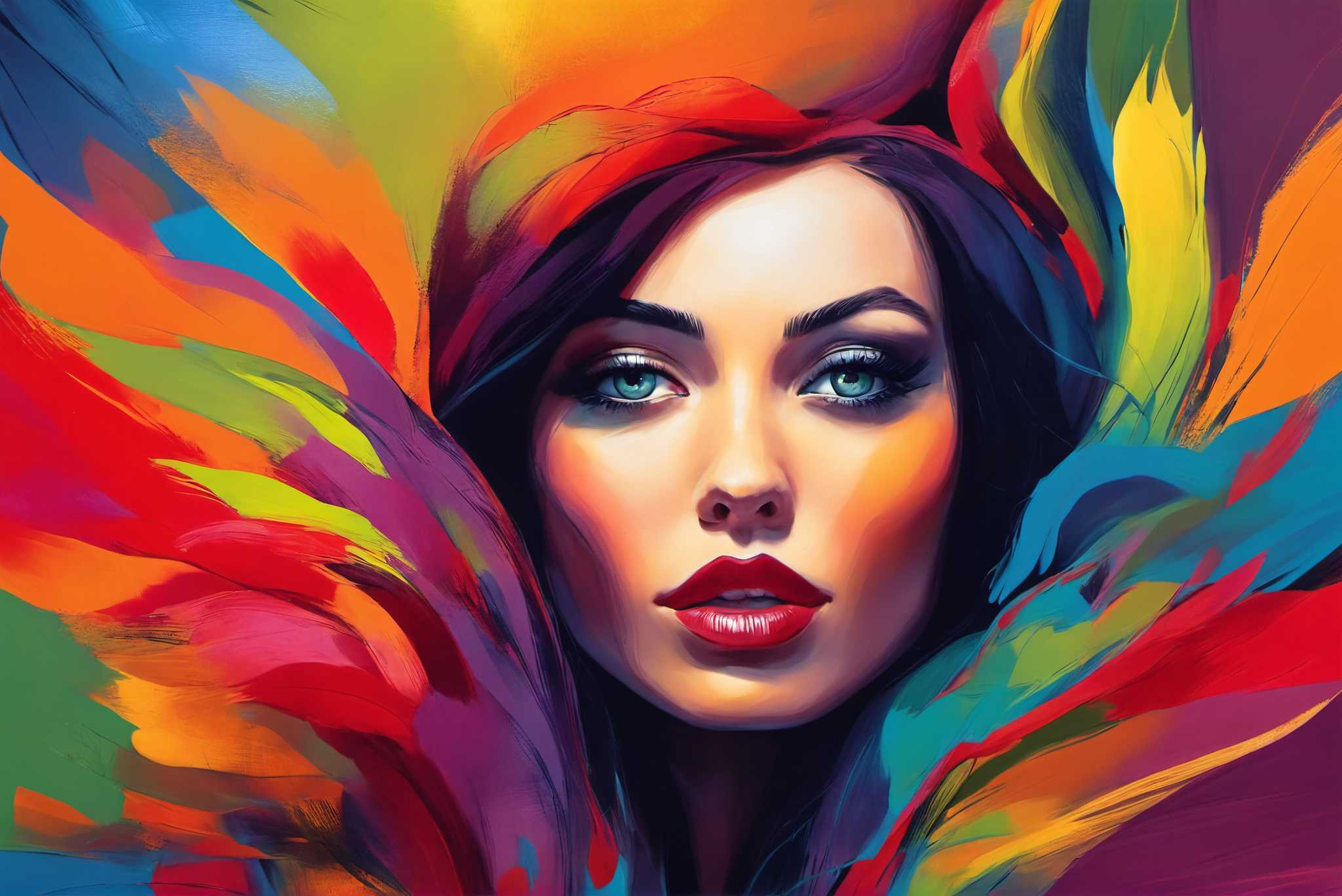 Spectrum of her essence: Vibrant woman art with vibrant woman art installations, in a room with elegant layout, framed art, and decorative pieces. The art can be printed on poster, framed poster, canvas, metal, acrylic or wood, exclusively at WallArtZen. Find this exact print at https://wallartzen.com/waz138
