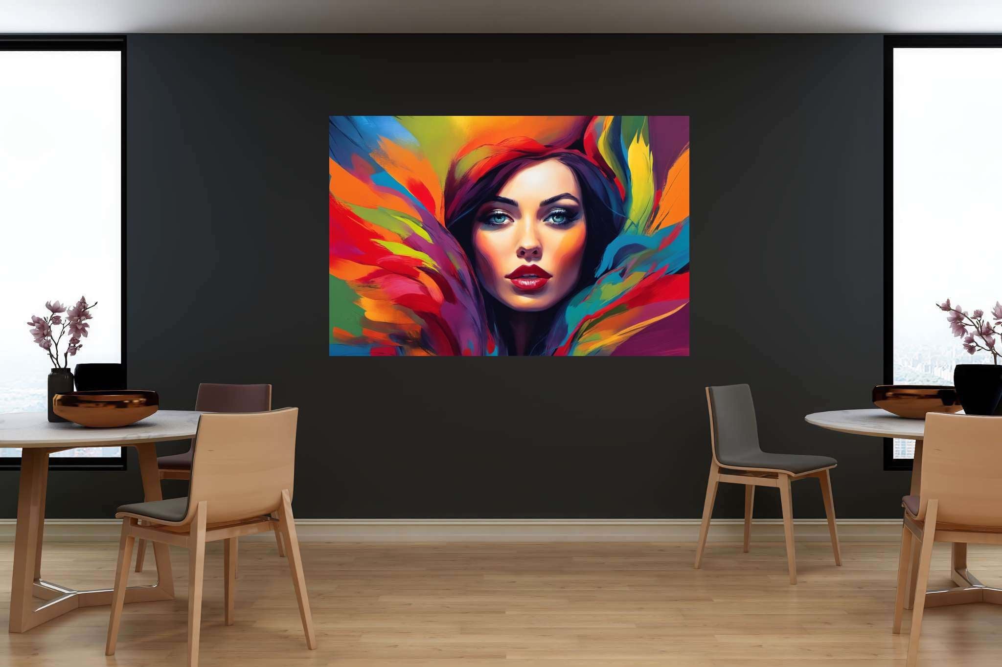 Spectrum of her essence: Vibrant woman art with vibrant woman art, in a room with chic decor, photographic wall art, and stylish accessories. The art can be printed on poster, framed poster, canvas, metal, acrylic or wood, exclusively at WallArtZen. Find this exact print at https://wallartzen.com/waz138