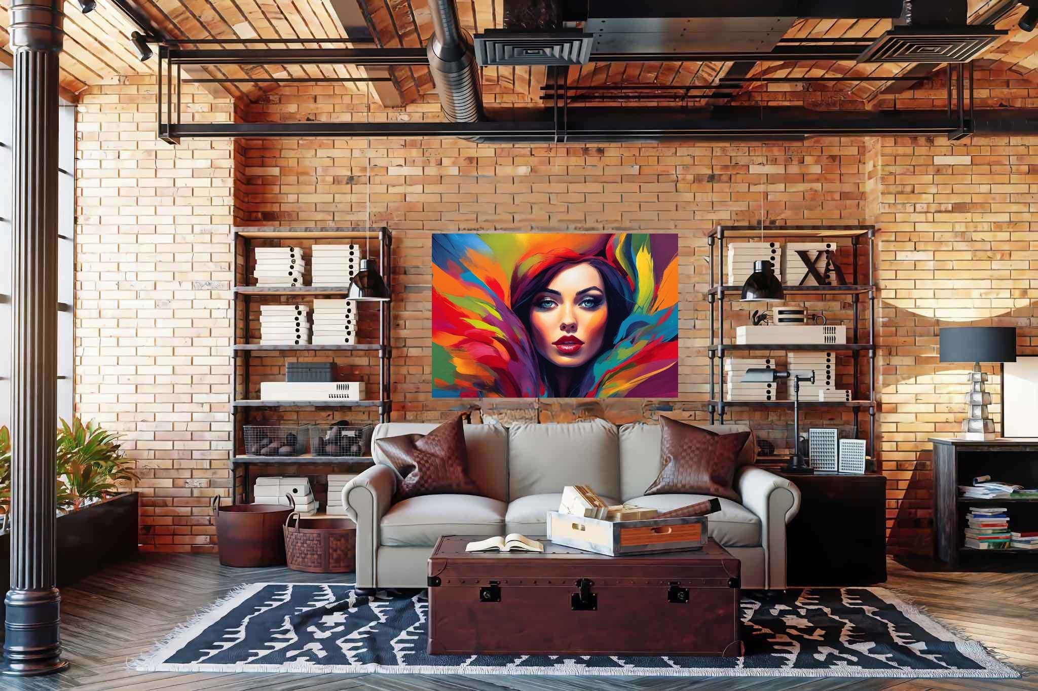 Spectrum of her essence: Vibrant woman art with vibrant woman digital art, in a room with chic decor, digital art pieces, and home styling items. The art can be printed on poster, framed poster, canvas, metal, acrylic or wood, exclusively at WallArtZen. Find this exact print at https://wallartzen.com/waz138