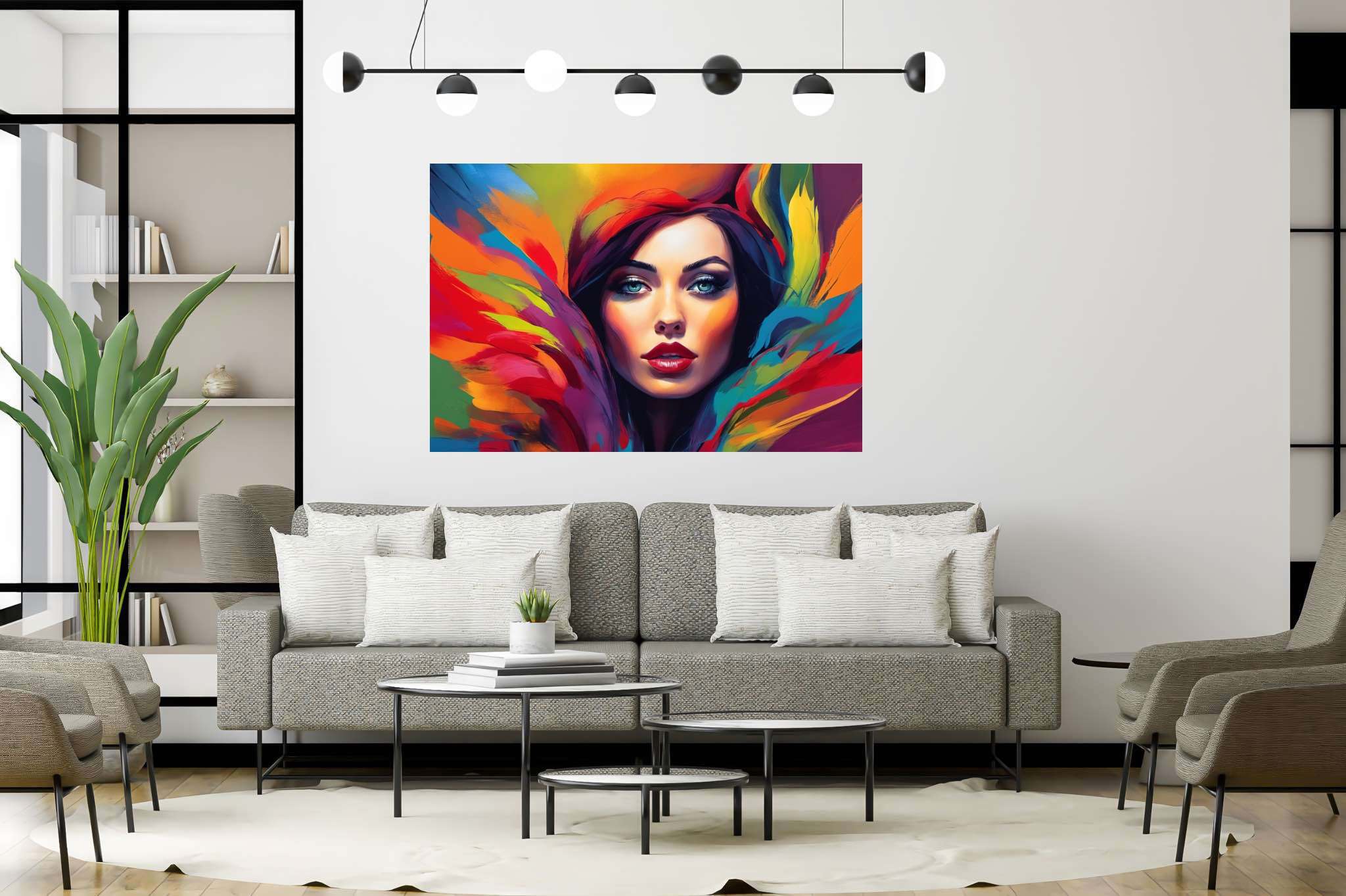 Spectrum of her essence: Vibrant woman art with vibrant woman portraits, in a room with classic elegance, framed art, and stylish accessories. The art can be printed on poster, framed poster, canvas, metal, acrylic or wood, exclusively at WallArtZen. Find this exact print at https://wallartzen.com/waz138