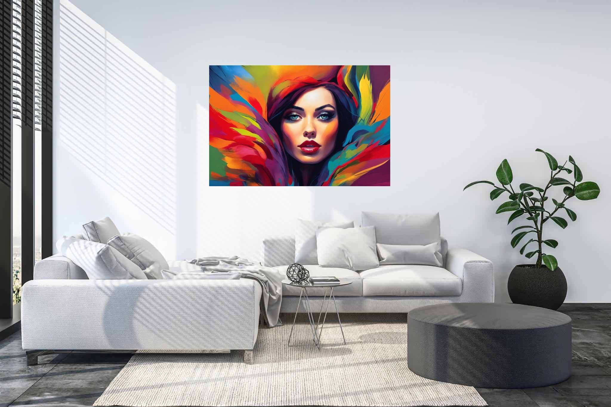 Spectrum of her essence: Vibrant woman art with vibrant woman prints, in a room with artistic style, canvas prints, and interior decorations. The art can be printed on poster, framed poster, canvas, metal, acrylic or wood, exclusively at WallArtZen. Find this exact print at https://wallartzen.com/waz138