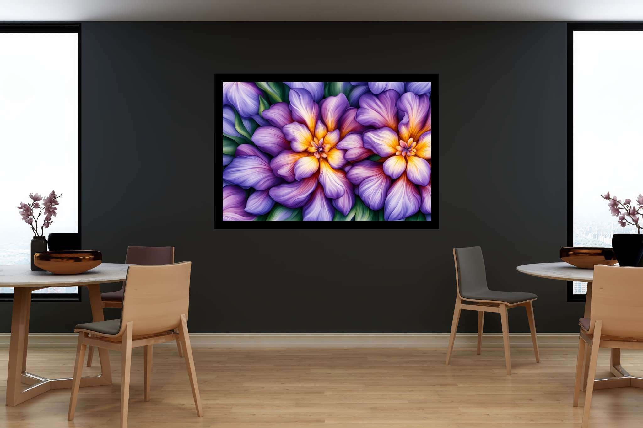 Bloom harmonics: Vibrant floral art with vibrant garden, in a room with modern style, fine art prints, and elegant home goods. The art can be printed on poster, framed poster, canvas, metal, acrylic or wood, exclusively at WallArtZen. Find this exact print at https://wallartzen.com/waz139
