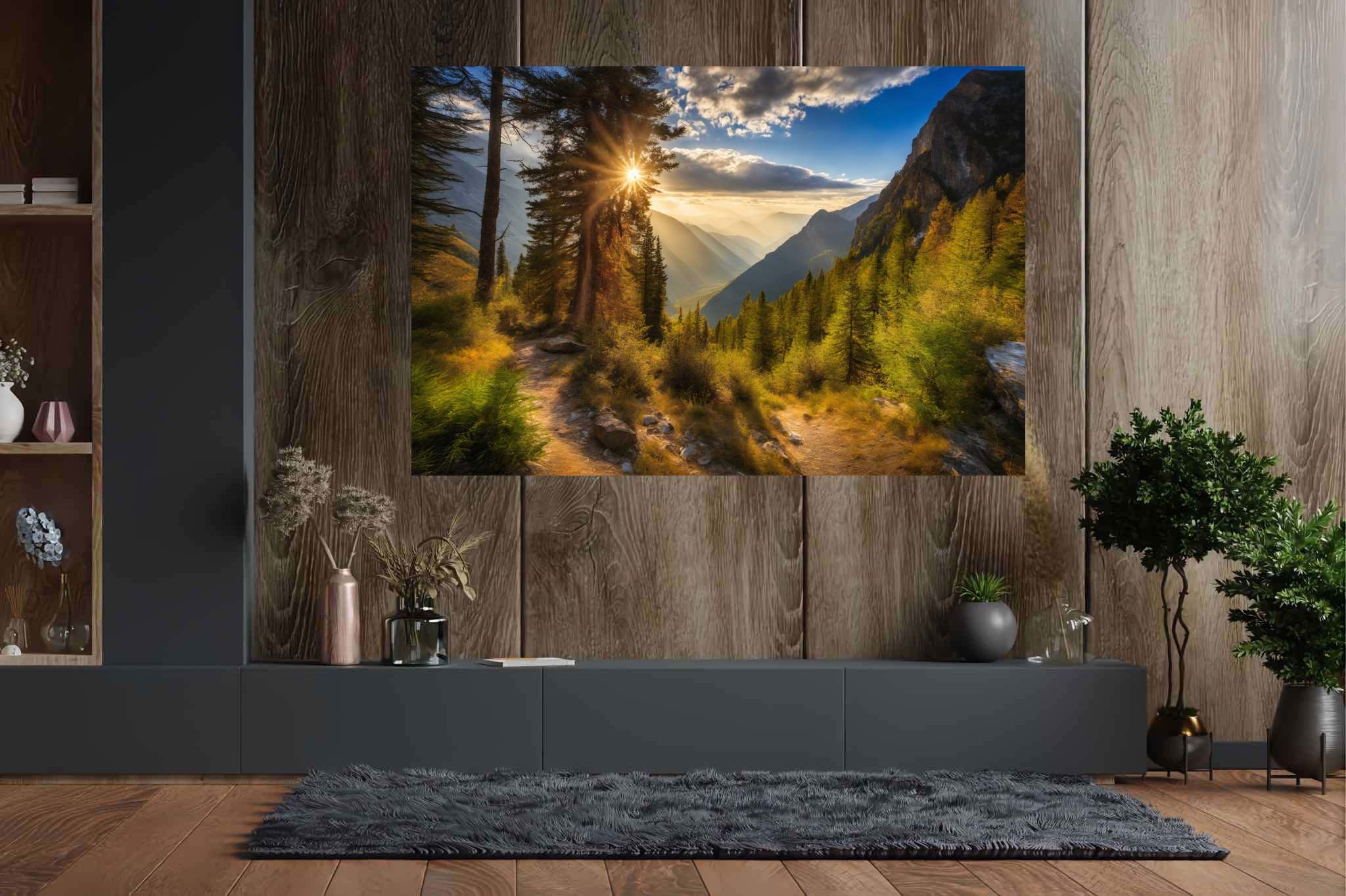 Golden hues of solitude: Mountain landscape art with mountain landscape artwork, in a room with minimalist approach, wall art, and luxe decor. The art can be printed on poster, framed poster, canvas, metal, acrylic or wood, exclusively at WallArtZen. Find this exact print at https://wallartzen.com/waz13