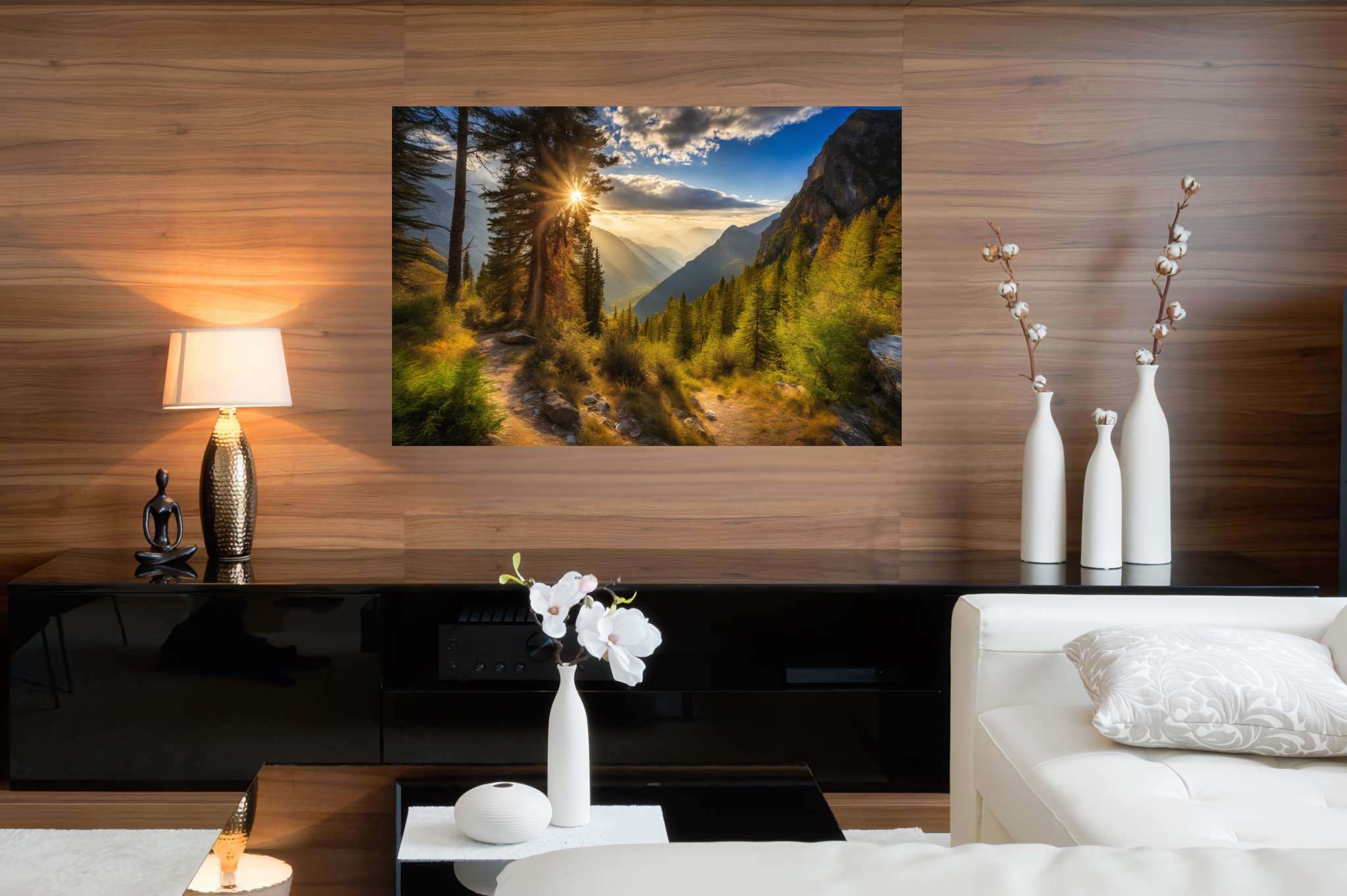 Golden hues of solitude: Mountain landscape art with mountain landscape painting, in a room with classic elegance, framed art, and designer furniture. The art can be printed on poster, framed poster, canvas, metal, acrylic or wood, exclusively at WallArtZen. Find this exact print at https://wallartzen.com/waz13