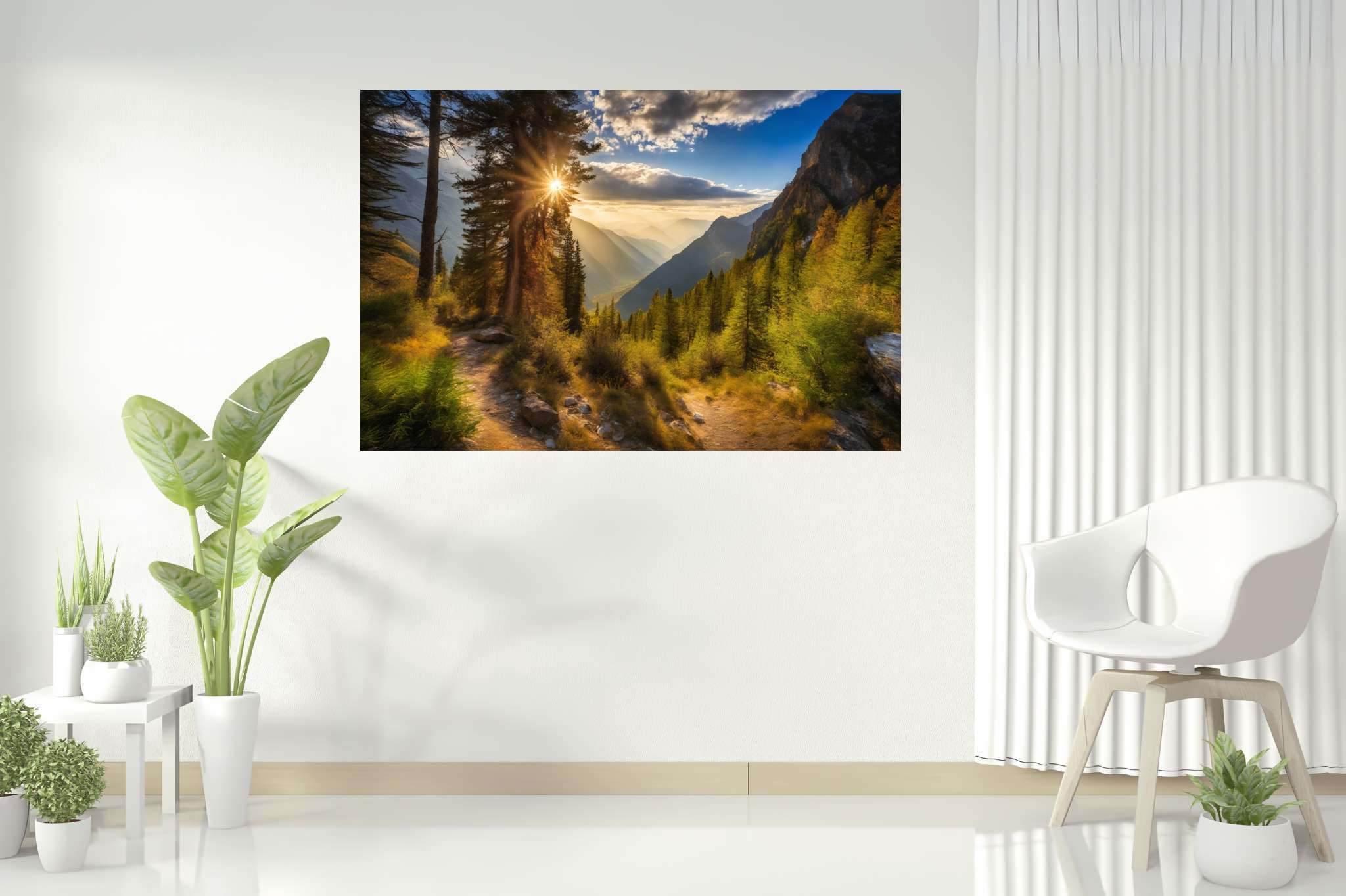 Golden hues of solitude: Mountain landscape art with mountain landscape artwork, in a room with elegant layout, gallery-quality artwork, and home furnishings. The art can be printed on poster, framed poster, canvas, metal, acrylic or wood, exclusively at WallArtZen. Find this exact print at https://wallartzen.com/waz13