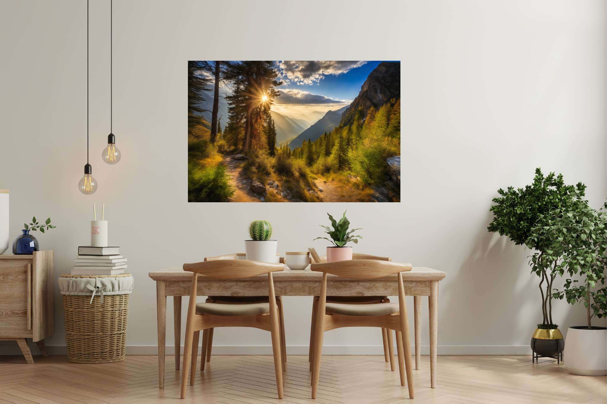 Golden hues of solitude: Mountain landscape art with mountain scenery painting, in a room with modern style, canvas prints, and decorative pieces. The art can be printed on poster, framed poster, canvas, metal, acrylic or wood, exclusively at WallArtZen. Find this exact print at https://wallartzen.com/waz13