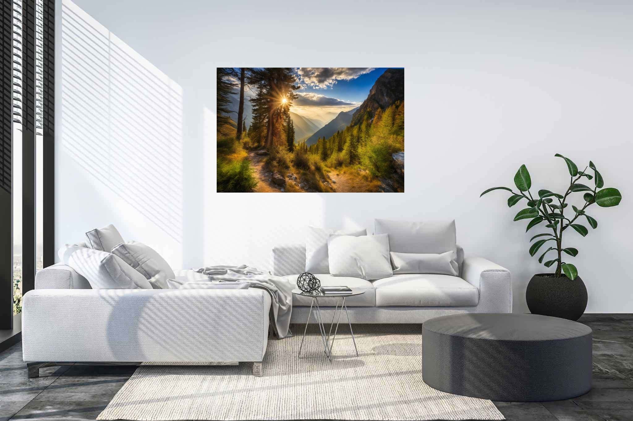 Golden hues of solitude: Mountain landscape art with mountain range scenery, in a room with contemporary flair, digital art pieces, and luxe decor. The art can be printed on poster, framed poster, canvas, metal, acrylic or wood, exclusively at WallArtZen. Find this exact print at https://wallartzen.com/waz13