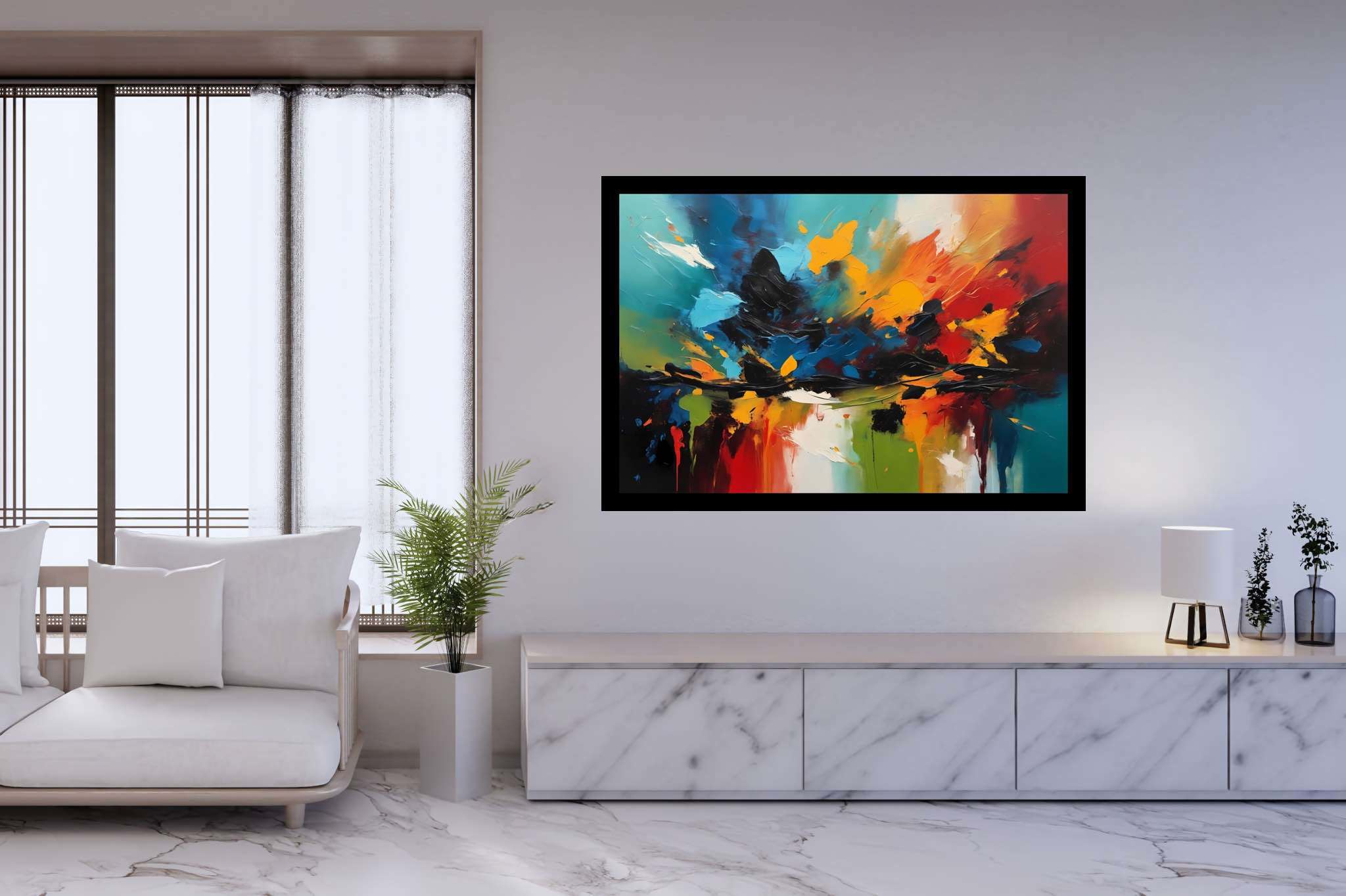 Chromatic overture: Vibrant art with dynamic artwork, in a room with innovative layout, mural artworks, and home styling items. The art can be printed on poster, framed poster, canvas, metal, acrylic or wood, exclusively at WallArtZen. Find this exact print at https://wallartzen.com/waz140