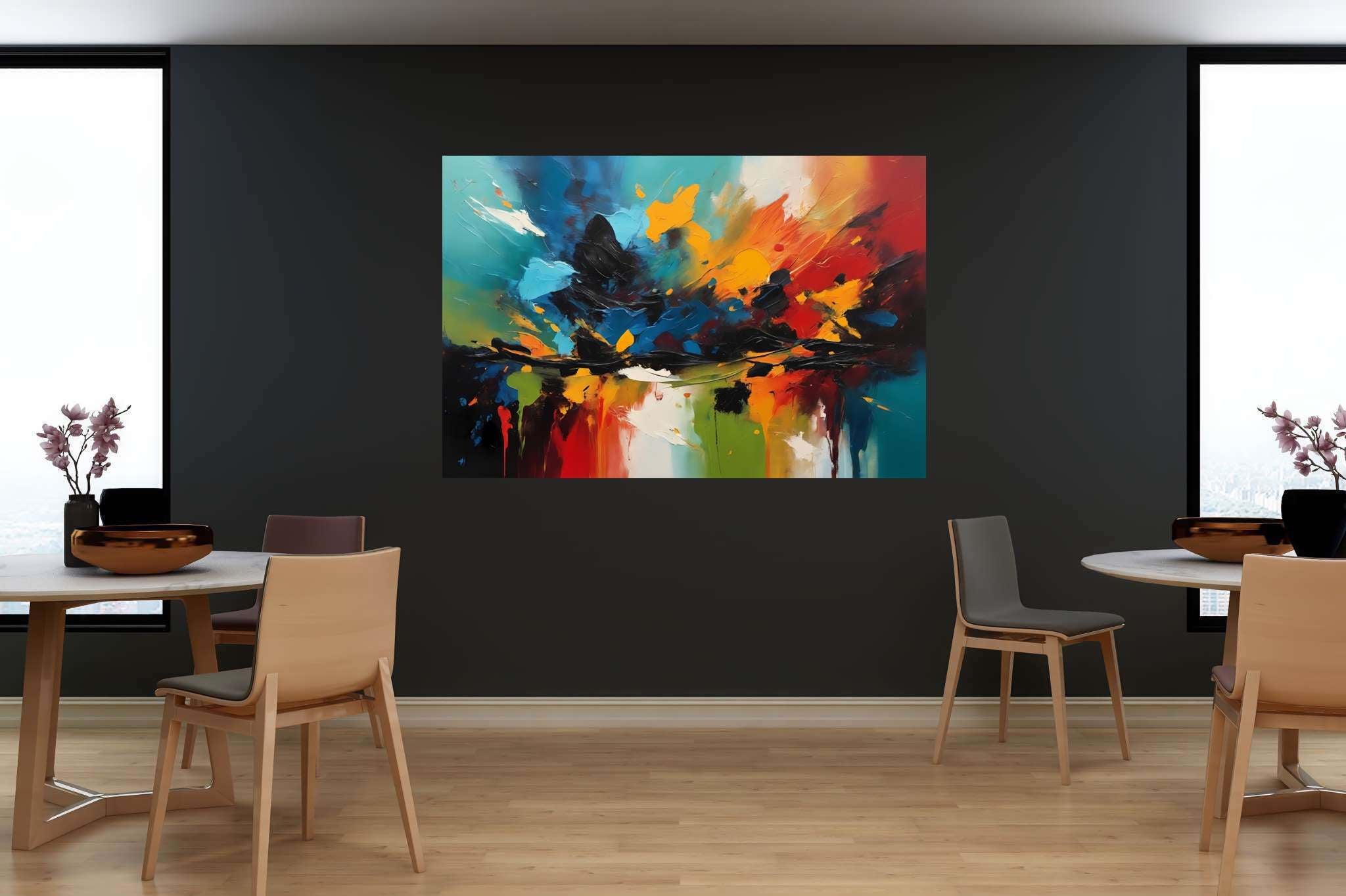 Chromatic overture: Vibrant art with vibrant contemporary art, in a room with urban design, abstract paintings, and luxe decor. The art can be printed on poster, framed poster, canvas, metal, acrylic or wood, exclusively at WallArtZen. Find this exact print at https://wallartzen.com/waz140
