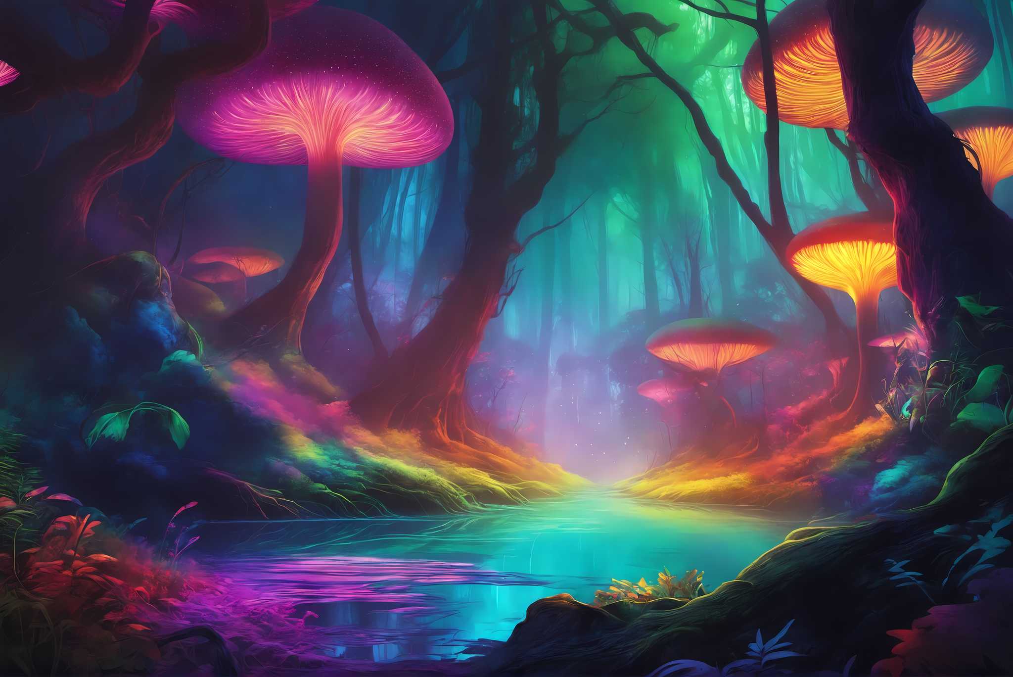 Mycelia dreamscape: Mushroom art with psychedelic mushrooms, in a room with urban design, wall hangings, and stylish accessories. The art can be printed on poster, framed poster, canvas, metal, acrylic or wood, exclusively at WallArtZen. Find this exact print at https://wallartzen.com/waz141