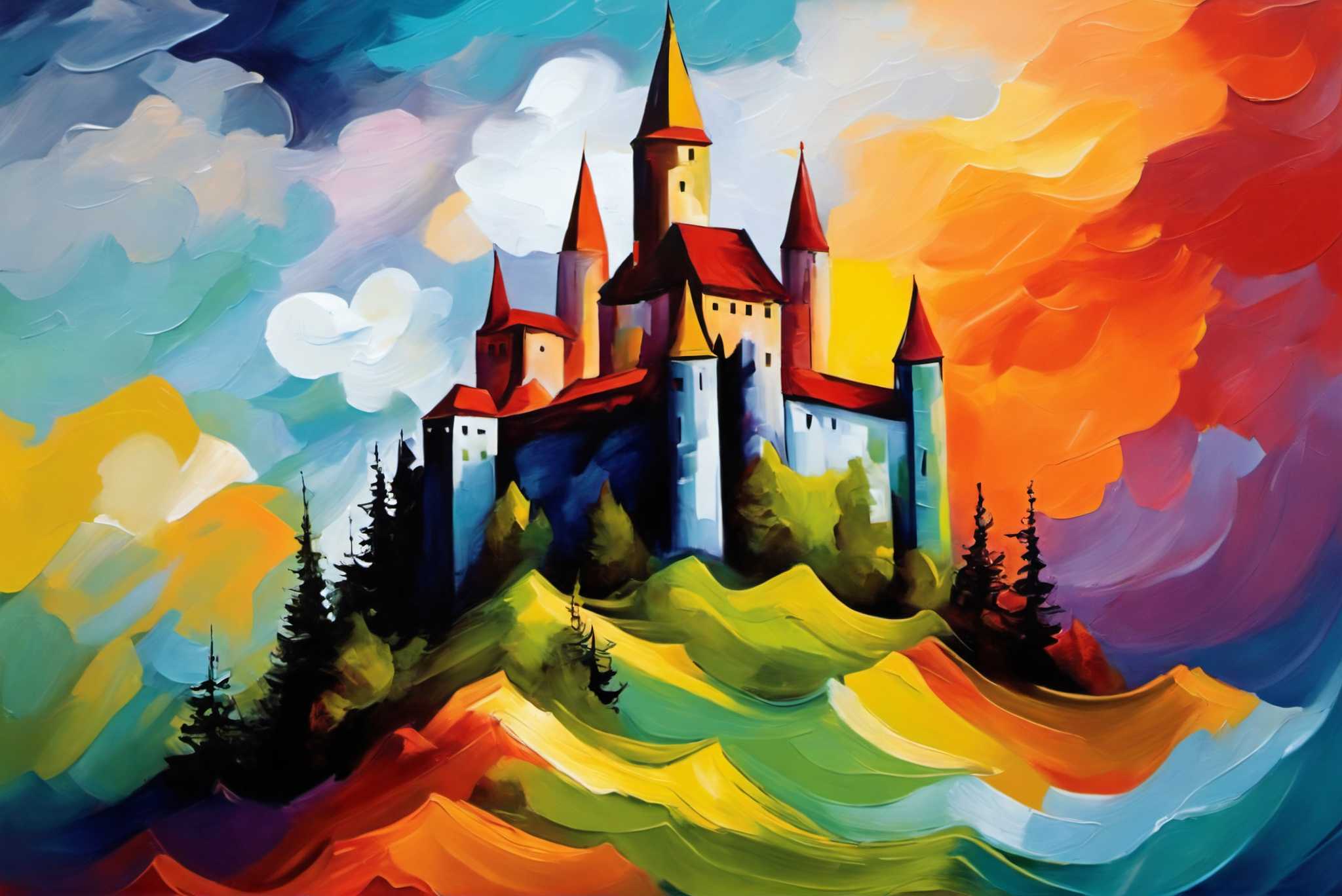 Dreamscape keep: Castle art with enchanted castle, in a room with artistic style, canvas prints, and designer furniture. The art can be printed on poster, framed poster, canvas, metal, acrylic or wood, exclusively at WallArtZen. Find this exact print at https://wallartzen.com/waz144