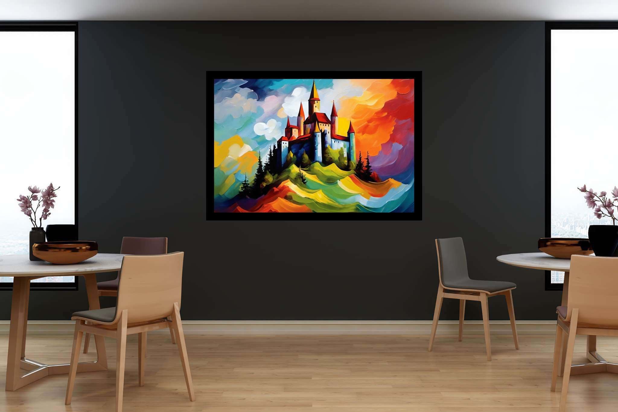 Dreamscape keep: Castle art with architectural illustration, in a room with elegant layout, photographic wall art, and interior decorations. The art can be printed on poster, framed poster, canvas, metal, acrylic or wood, exclusively at WallArtZen. Find this exact print at https://wallartzen.com/waz144