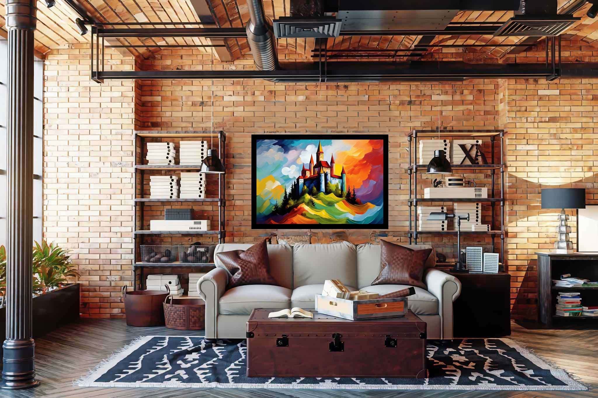 Dreamscape keep: Castle art with fairytale painting, in a room with great design, mural artworks, and trendy home accents. The art can be printed on poster, framed poster, canvas, metal, acrylic or wood, exclusively at WallArtZen. Find this exact print at https://wallartzen.com/waz144