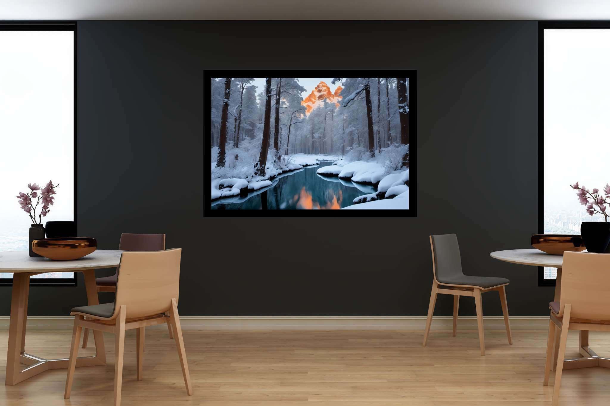 Frostbound solace: Winter landscape art with winter landscape paintings, in a room with urban design, digital art pieces, and decorative pieces. The art can be printed on poster, framed poster, canvas, metal, acrylic or wood, exclusively at WallArtZen. Find this exact print at https://wallartzen.com/waz145