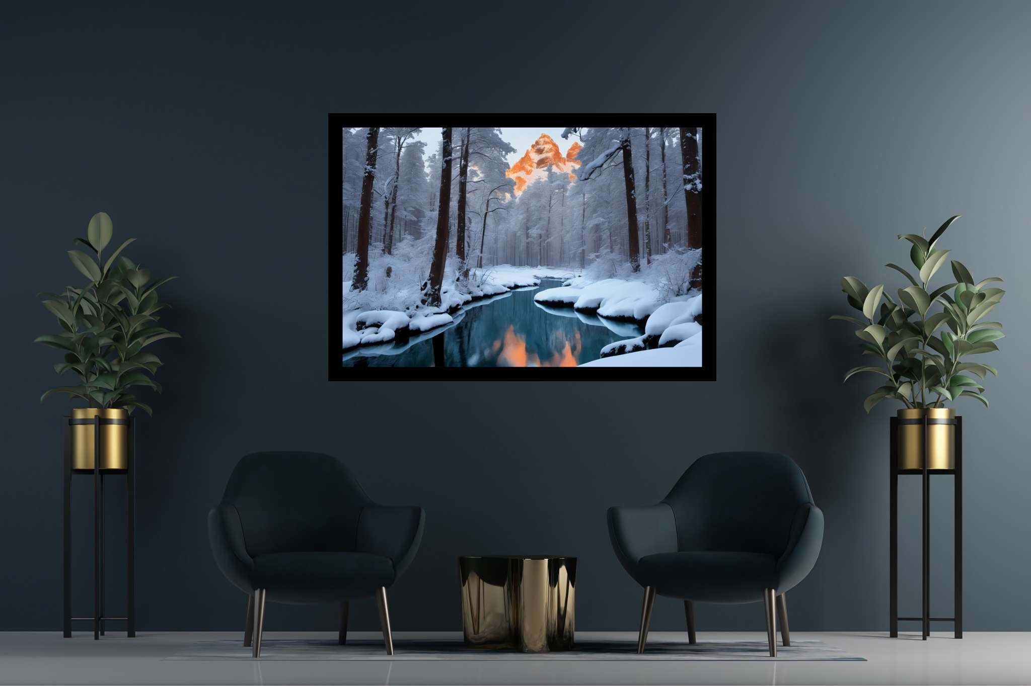 Frostbound solace: Winter landscape art with winter landscape paintings, in a room with artistic style, abstract paintings, and stylish accessories. The art can be printed on poster, framed poster, canvas, metal, acrylic or wood, exclusively at WallArtZen. Find this exact print at https://wallartzen.com/waz145
