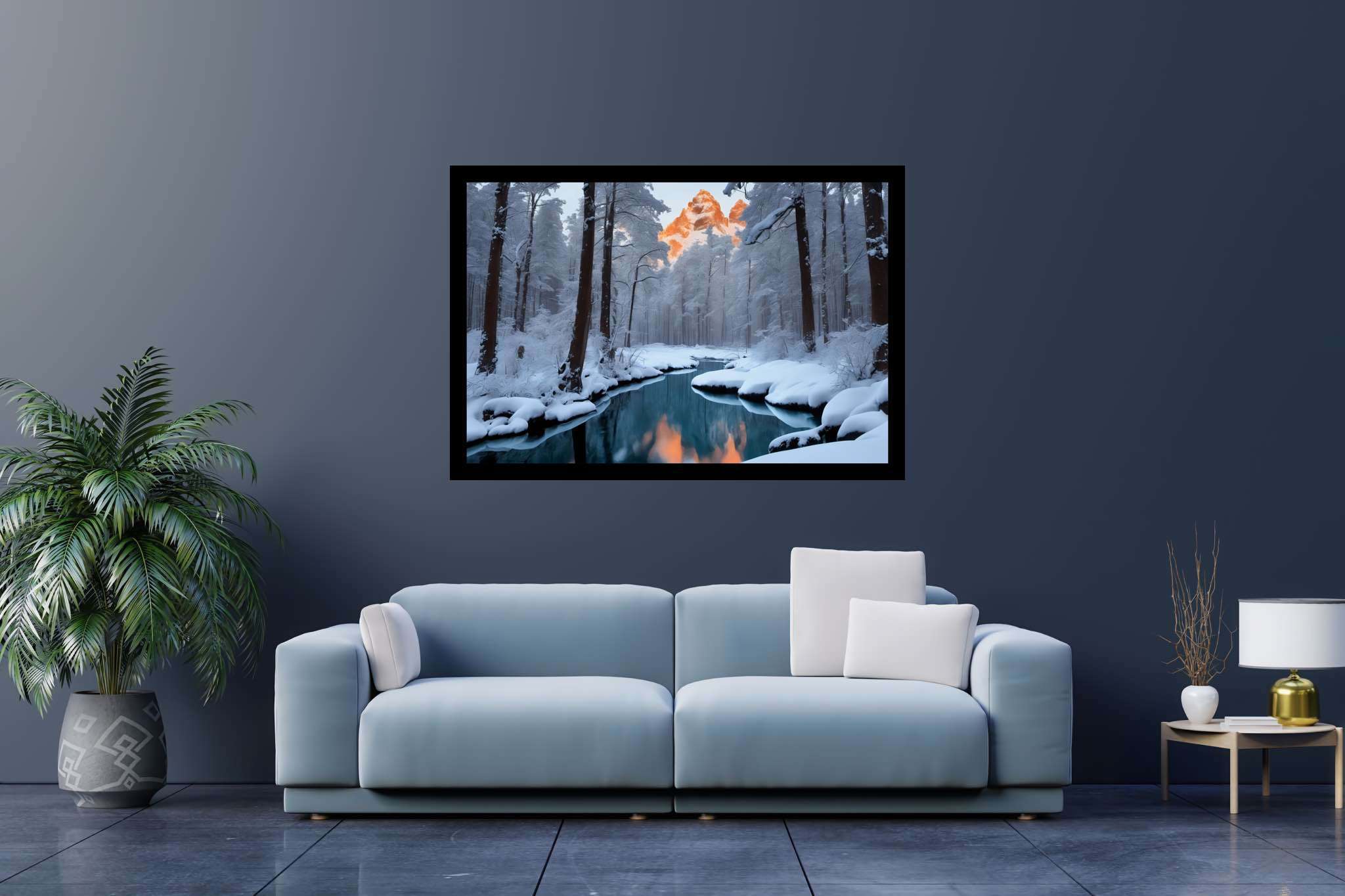 Frostbound solace: Winter landscape art with winter nature art, in a room with innovative layout, photographic wall art, and stylish accessories. The art can be printed on poster, framed poster, canvas, metal, acrylic or wood, exclusively at WallArtZen. Find this exact print at https://wallartzen.com/waz145