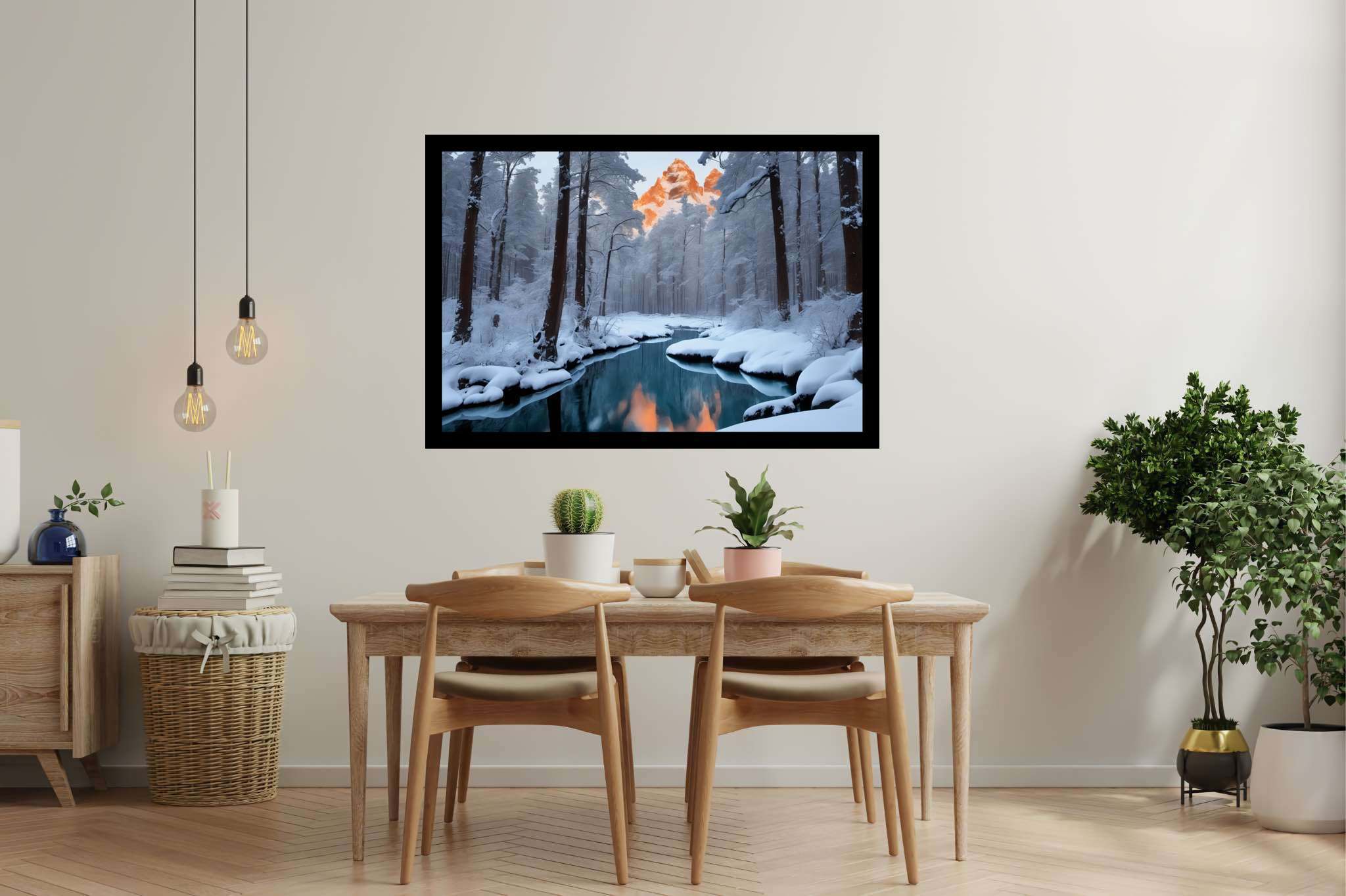 Frostbound solace: Winter landscape art with winter wonderland, in a room with classic elegance, framed art, and designer furniture. The art can be printed on poster, framed poster, canvas, metal, acrylic or wood, exclusively at WallArtZen. Find this exact print at https://wallartzen.com/waz145