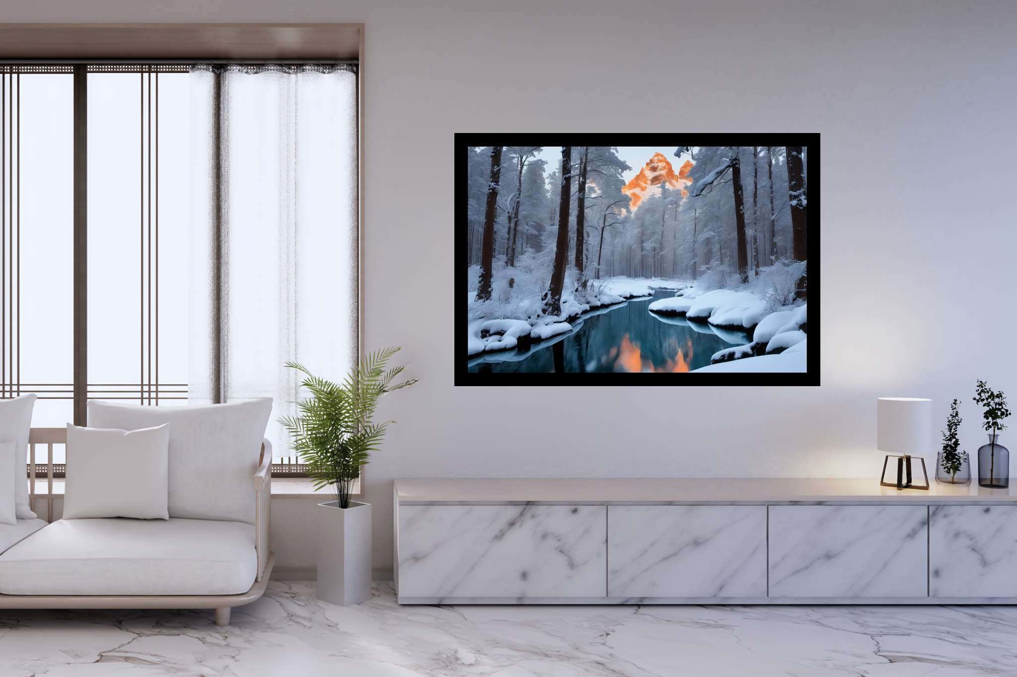 Frostbound solace: Winter landscape art with winter nature art, in a room with minimalist approach, bespoke art designs, and decorative pieces. The art can be printed on poster, framed poster, canvas, metal, acrylic or wood, exclusively at WallArtZen. Find this exact print at https://wallartzen.com/waz145