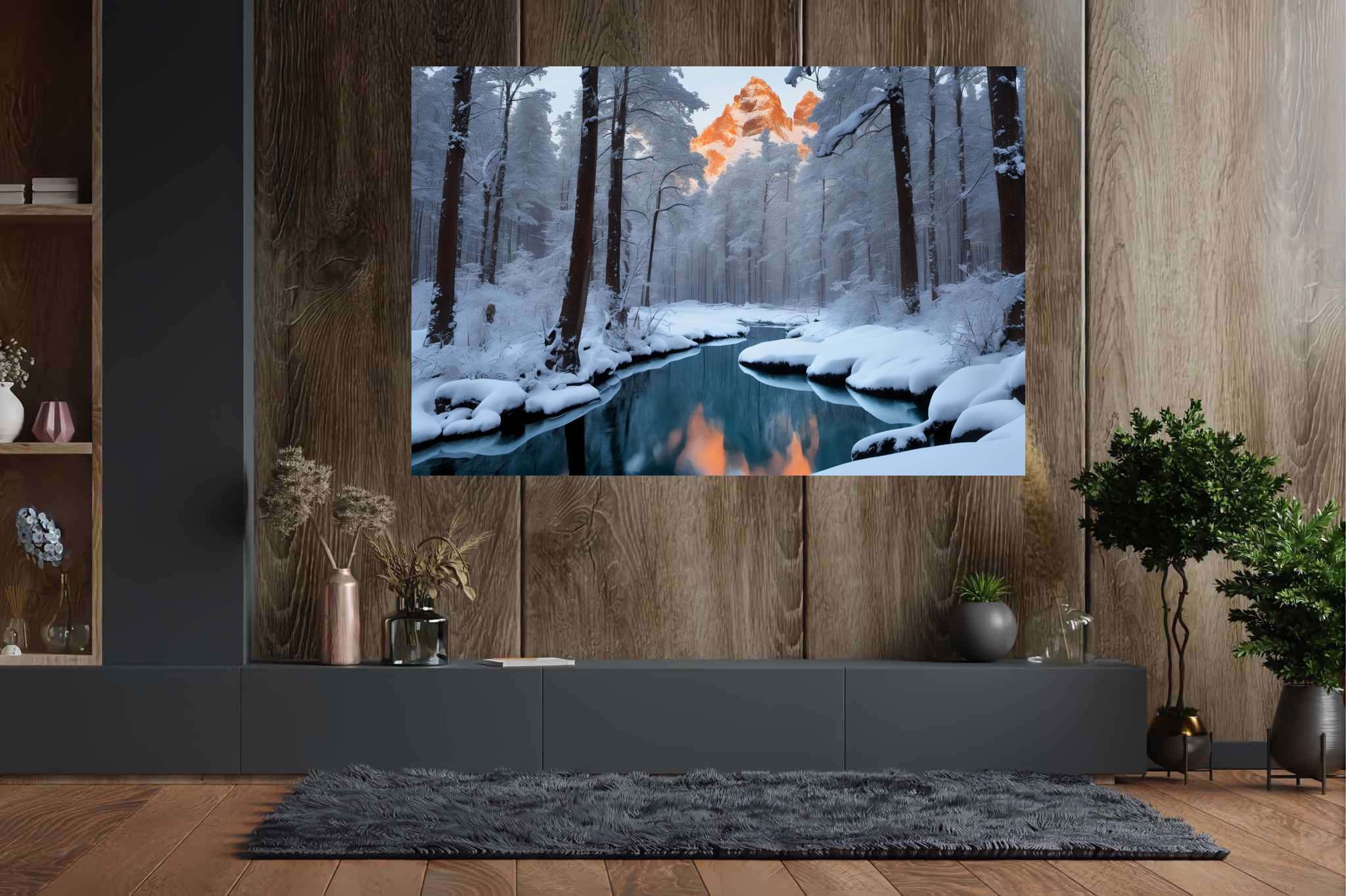 Frostbound solace: Winter landscape art with snow-covered paintings, in a room with modern style, mural artworks, and interior decorations. The art can be printed on poster, framed poster, canvas, metal, acrylic or wood, exclusively at WallArtZen. Find this exact print at https://wallartzen.com/waz145