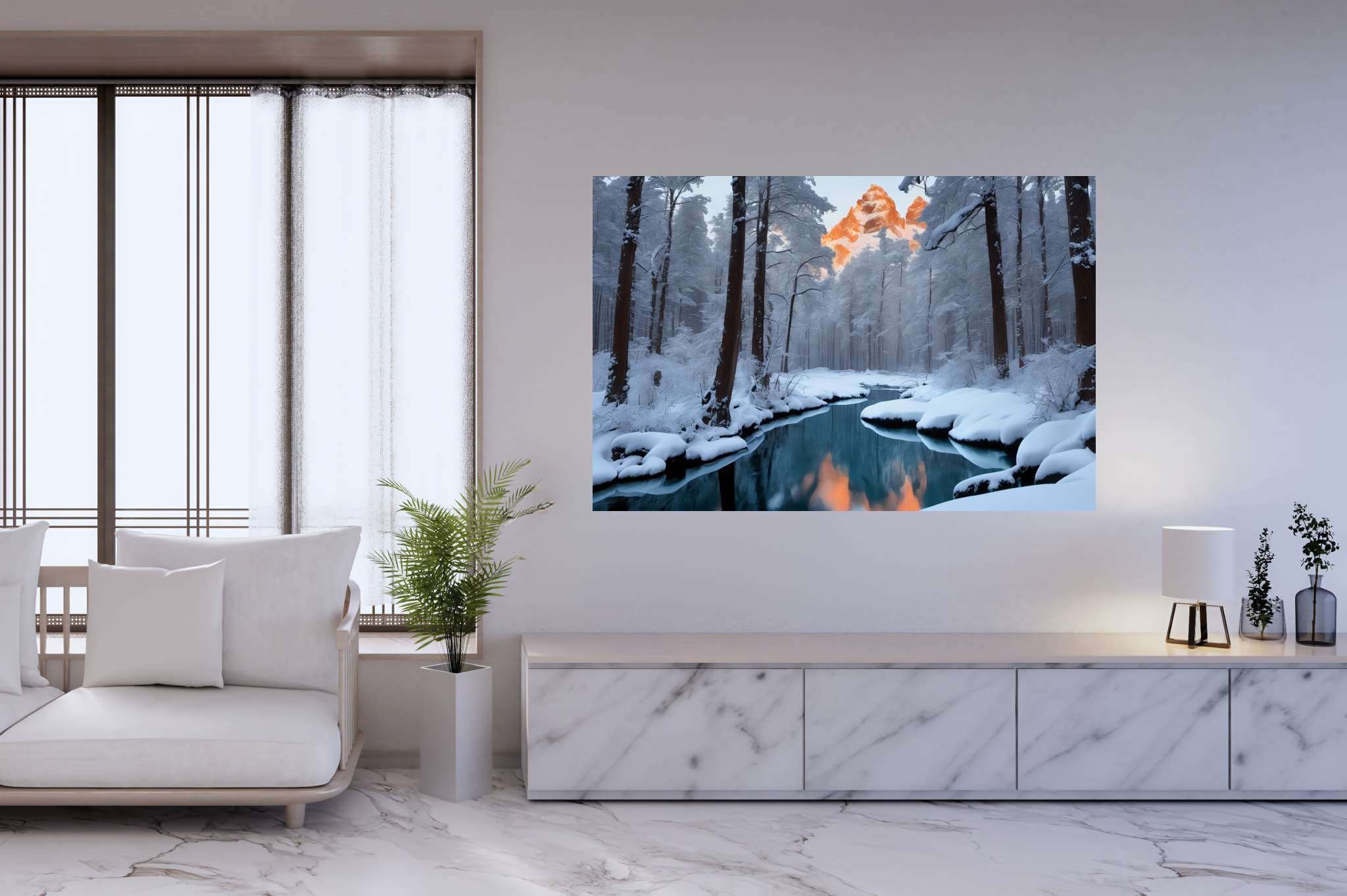 Frostbound solace: Winter landscape art with winter landscape photography, in a room with great design, photographic wall art, and trendy home accents. The art can be printed on poster, framed poster, canvas, metal, acrylic or wood, exclusively at WallArtZen. Find this exact print at https://wallartzen.com/waz145