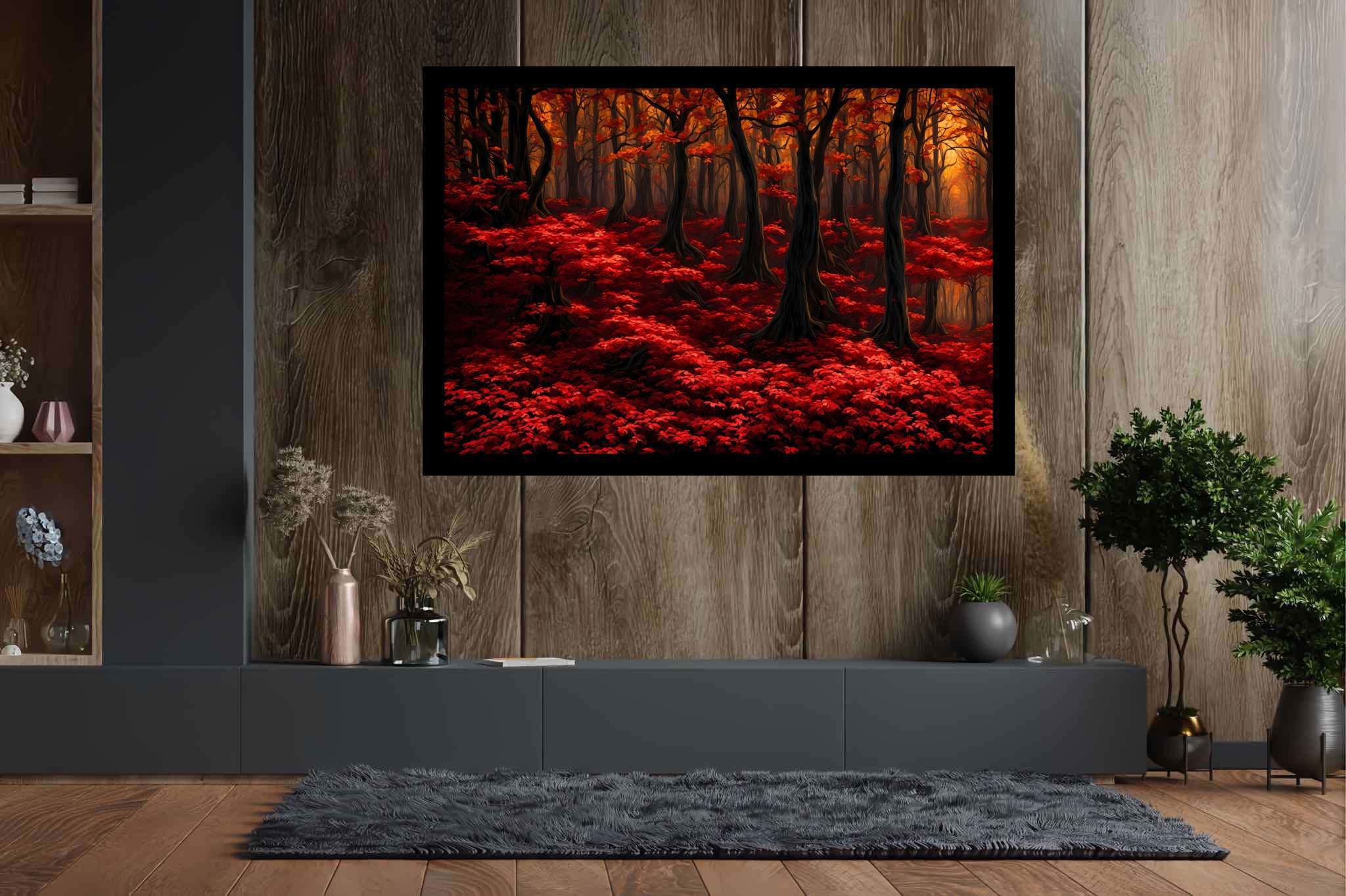 Autumn enchantment canopy: Vibrant forest art with vibrant nature scenes, in a room with minimalist approach, abstract paintings, and home styling items. The art can be printed on poster, framed poster, canvas, metal, acrylic or wood, exclusively at WallArtZen. Find this exact print at https://wallartzen.com/waz146