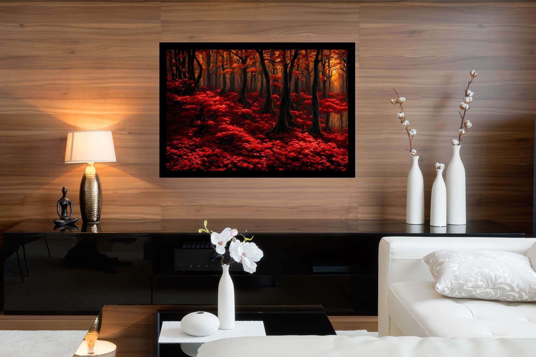 Autumn enchantment canopy: Vibrant forest art with energetic forest art, in a room with urban design, digital art pieces, and artisan decor. The art can be printed on poster, framed poster, canvas, metal, acrylic or wood, exclusively at WallArtZen. Find this exact print at https://wallartzen.com/waz146