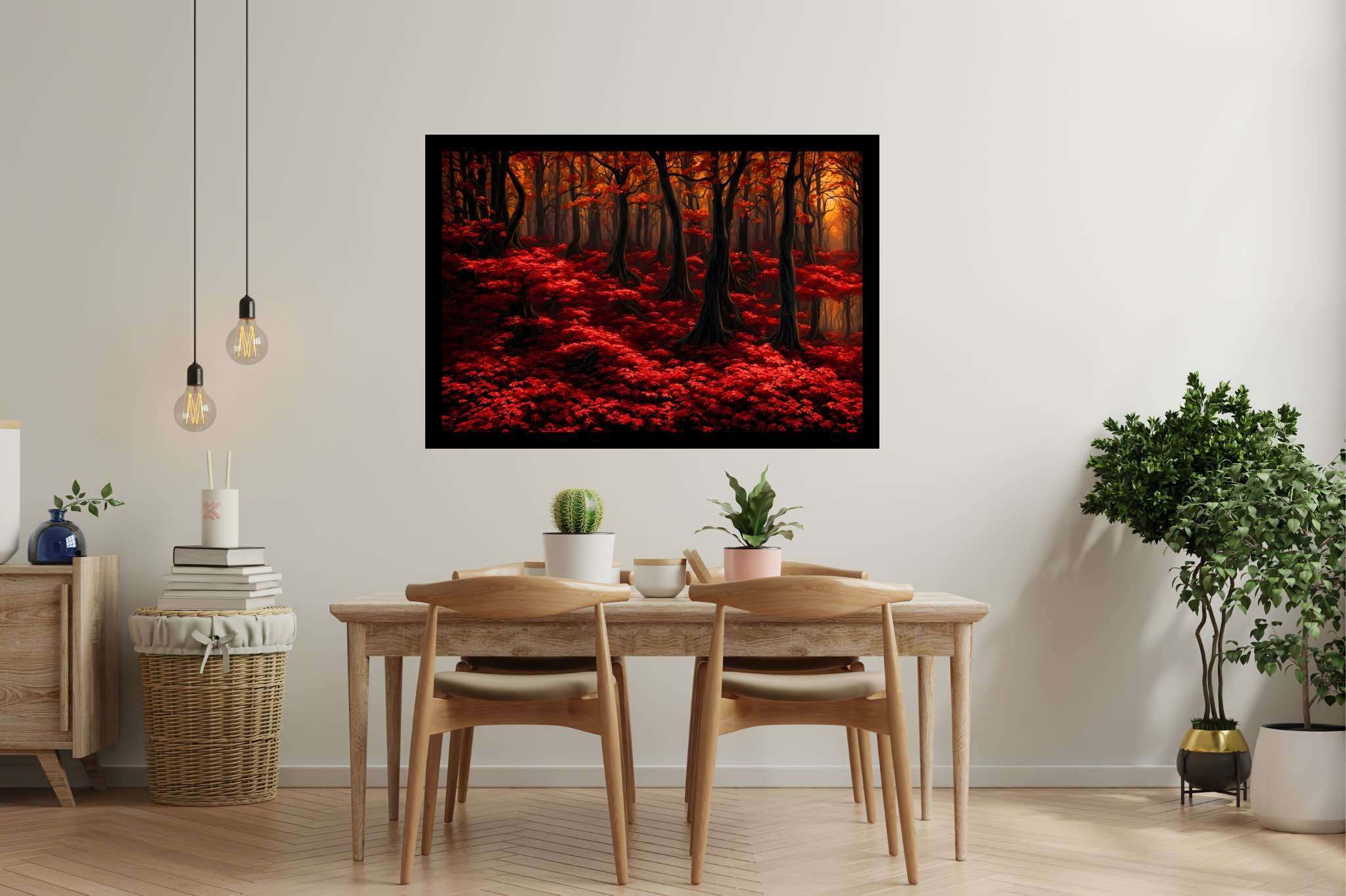 Autumn enchantment canopy: Vibrant forest art with colorful woodland paintings, in a room with innovative layout, photographic wall art, and designer furniture. The art can be printed on poster, framed poster, canvas, metal, acrylic or wood, exclusively at WallArtZen. Find this exact print at https://wallartzen.com/waz146