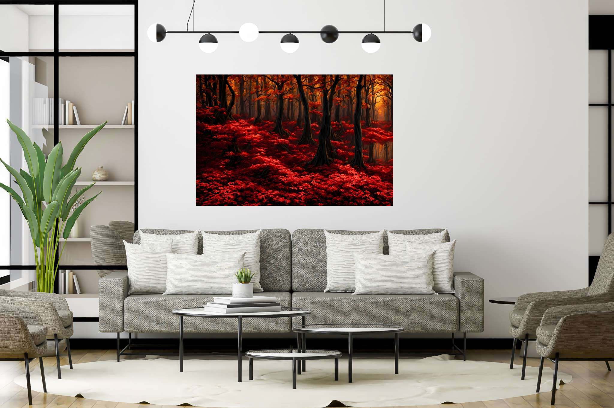 Autumn enchantment canopy: Vibrant forest art with energetic forest art, in a room with urban design, photographic wall art, and trendy home accents. The art can be printed on poster, framed poster, canvas, metal, acrylic or wood, exclusively at WallArtZen. Find this exact print at https://wallartzen.com/waz146