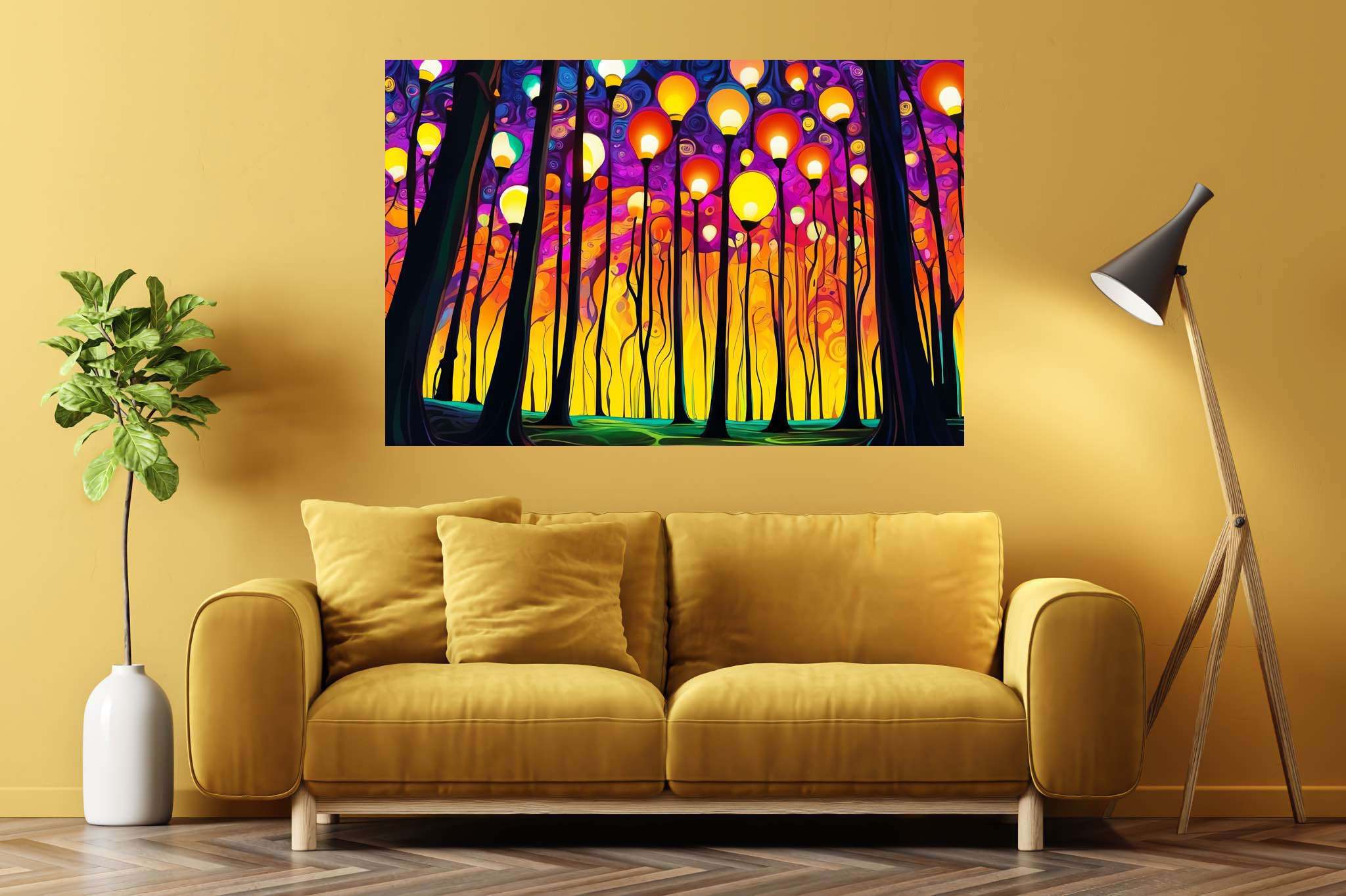 Chroma sylvan dreamspell: Surreal forest art with enchanted forests, in a room with artistic style, bespoke art designs, and decorative pieces. The art can be printed on poster, framed poster, canvas, metal, acrylic or wood, exclusively at WallArtZen. Find this exact print at https://wallartzen.com/waz148