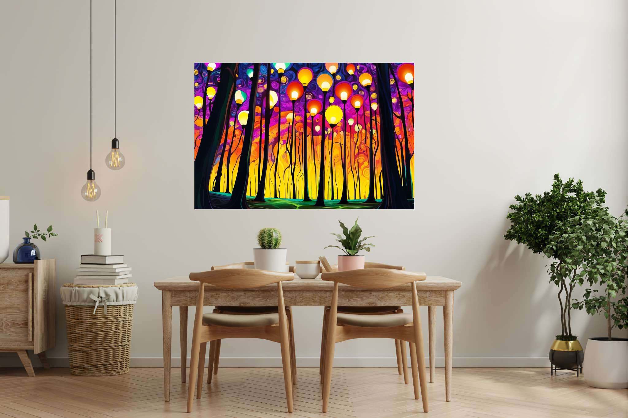 Chroma sylvan dreamspell: Surreal forest art with mystical trees, in a room with minimalist approach, fine art prints, and luxe decor. The art can be printed on poster, framed poster, canvas, metal, acrylic or wood, exclusively at WallArtZen. Find this exact print at https://wallartzen.com/waz148