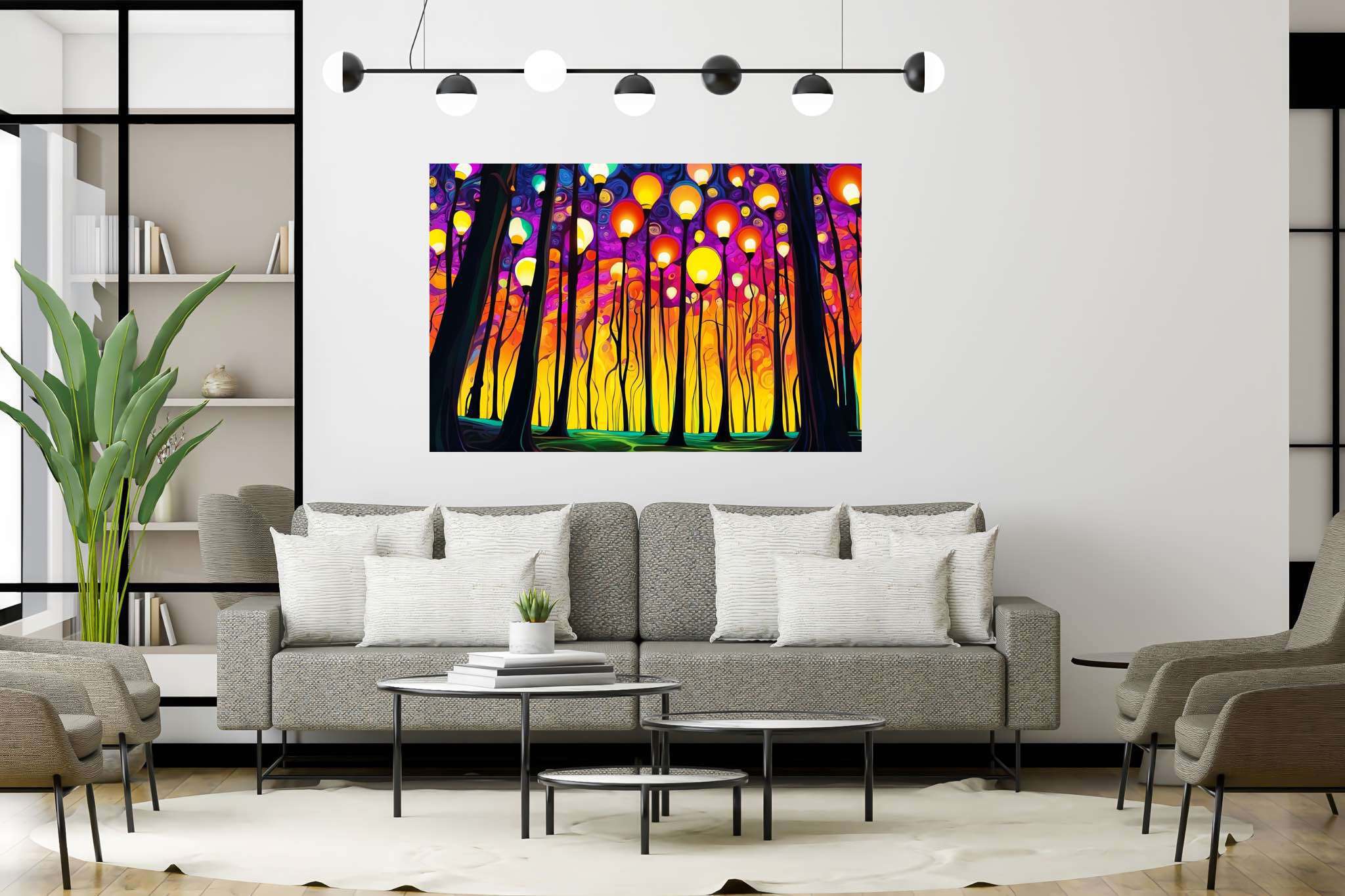 Chroma sylvan dreamspell: Surreal forest art with enchanted forests, in a room with contemporary flair, abstract paintings, and home furnishings. The art can be printed on poster, framed poster, canvas, metal, acrylic or wood, exclusively at WallArtZen. Find this exact print at https://wallartzen.com/waz148
