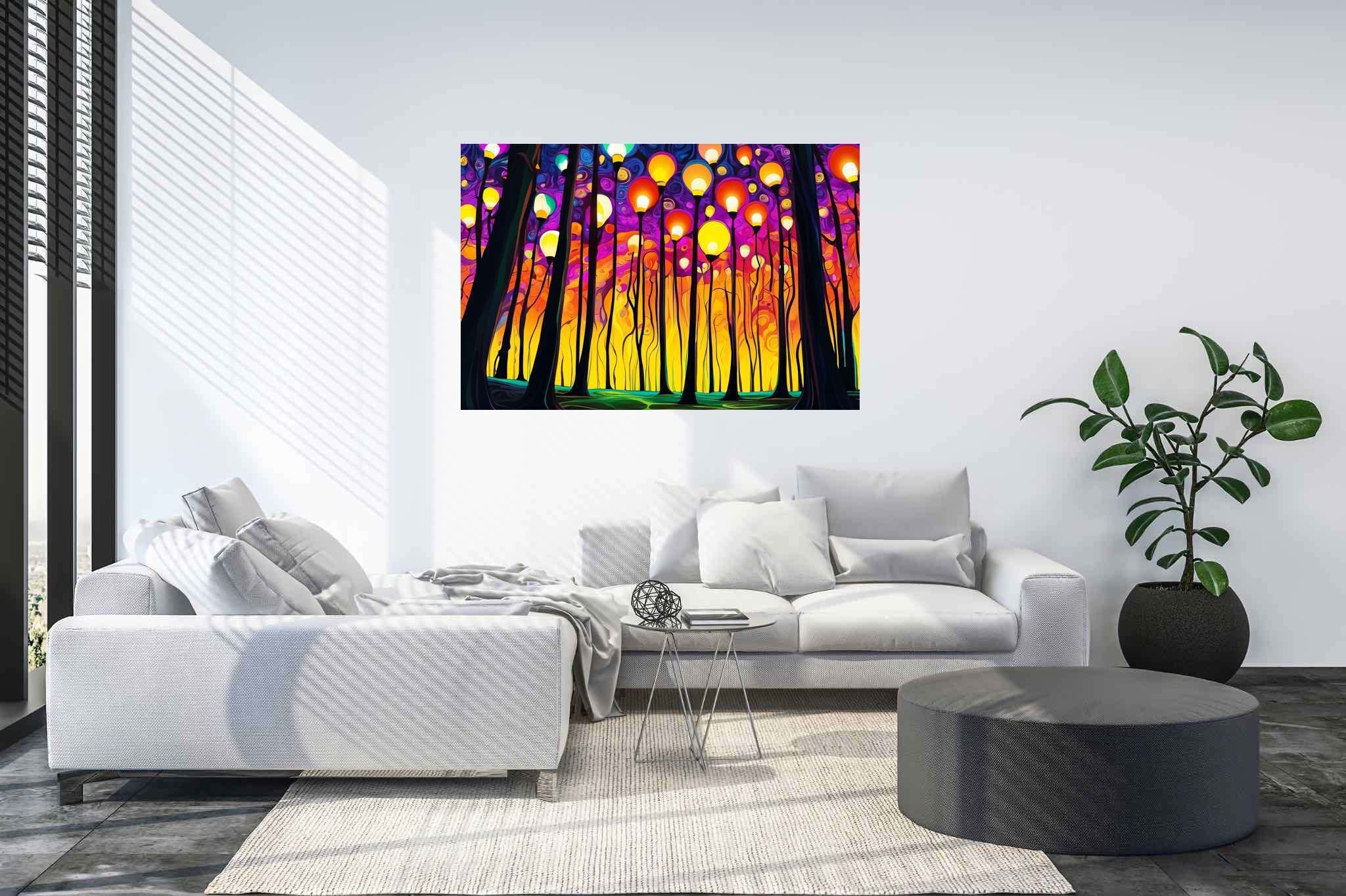 Chroma sylvan dreamspell: Surreal forest art with enchanted forests, in a room with innovative layout, wall hangings, and artisan decor. The art can be printed on poster, framed poster, canvas, metal, acrylic or wood, exclusively at WallArtZen. Find this exact print at https://wallartzen.com/waz148