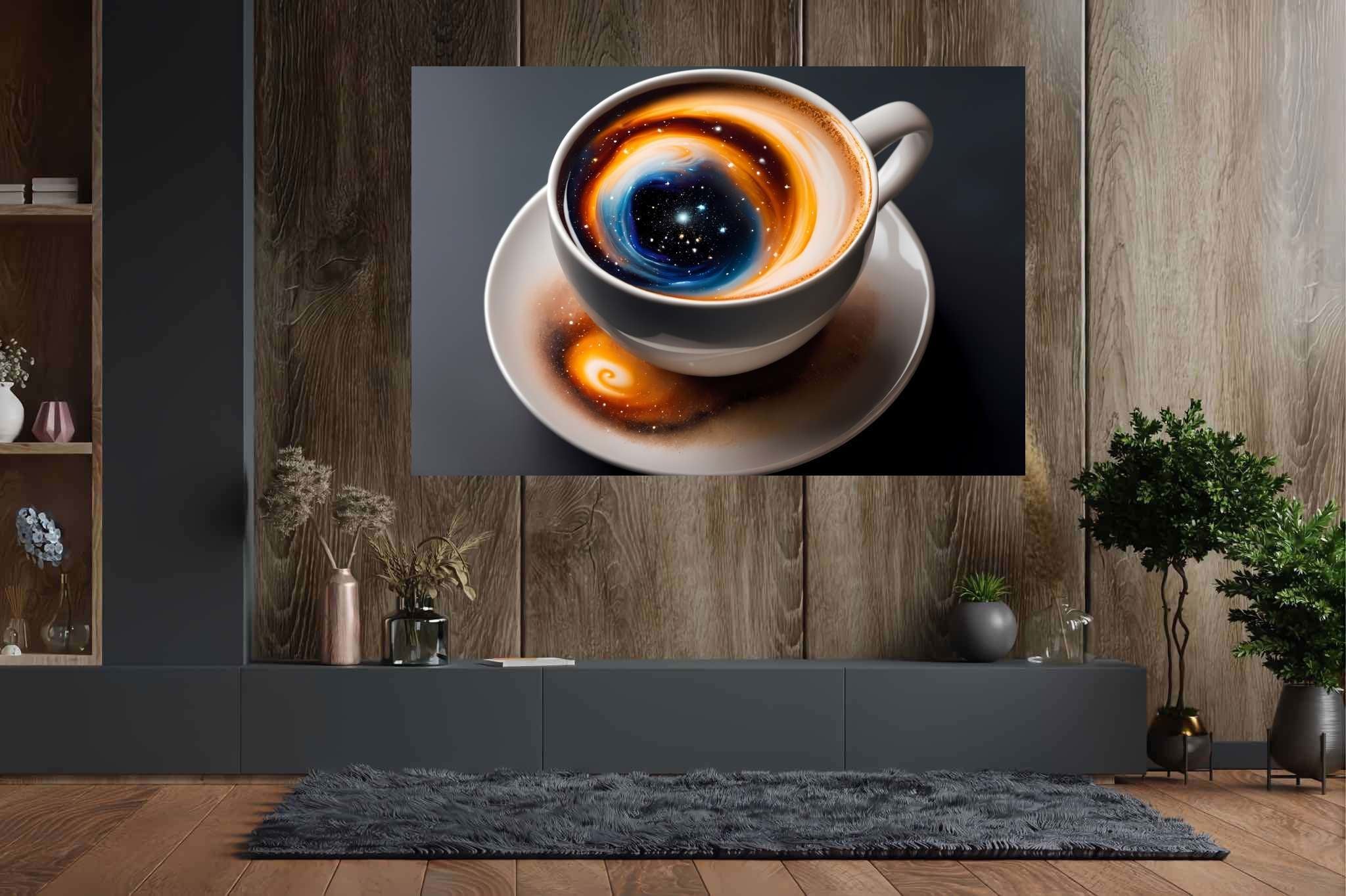 Caffeinated cosmos swirls: Swirl art with movement, in a room with minimalist approach, fine art prints, and designer furniture. The art can be printed on poster, framed poster, canvas, metal, acrylic or wood, exclusively at WallArtZen. Find this exact print at https://wallartzen.com/waz149