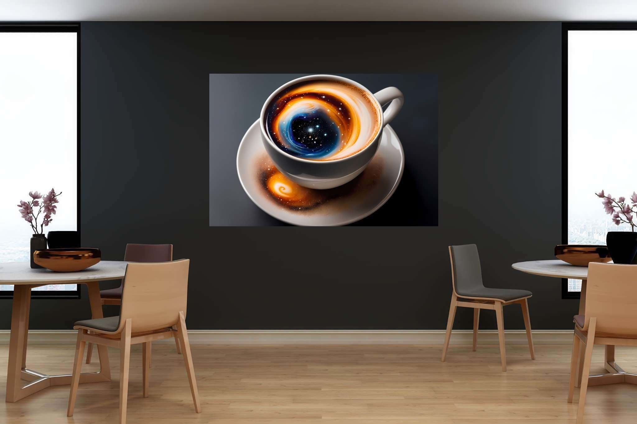 Caffeinated cosmos swirls: Swirl art with contemporary, in a room with elegant layout, wall art, and designer furniture. The art can be printed on poster, framed poster, canvas, metal, acrylic or wood, exclusively at WallArtZen. Find this exact print at https://wallartzen.com/waz149