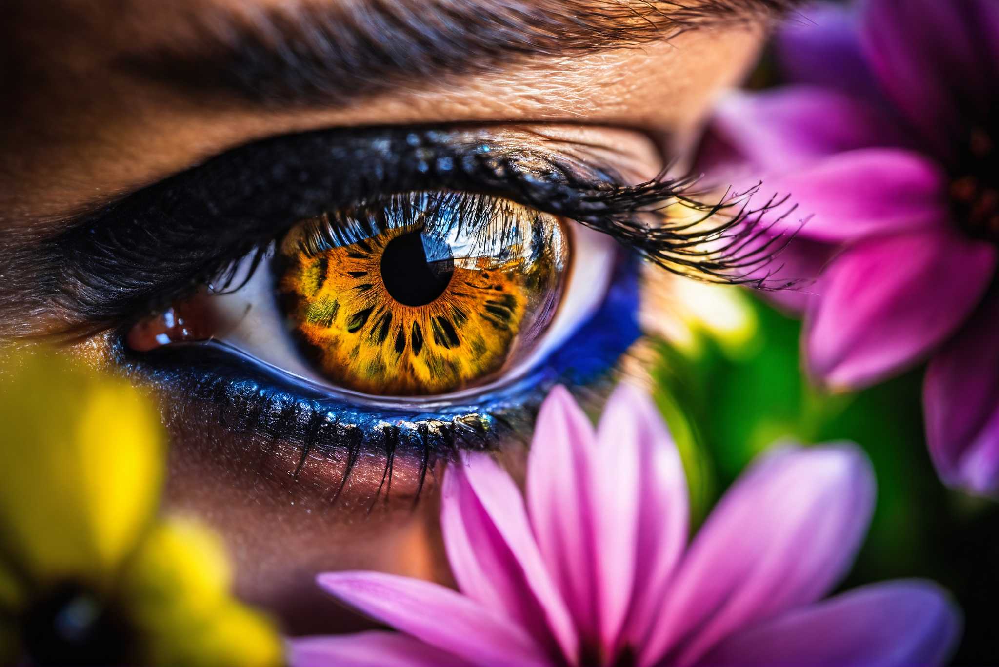 Blossom gaze garden: Eye art with eye art inspiration, in a room with classic elegance, gallery-quality artwork, and trendy home accents. The art can be printed on poster, framed poster, canvas, metal, acrylic or wood, exclusively at WallArtZen. Find this exact print at https://wallartzen.com/waz14