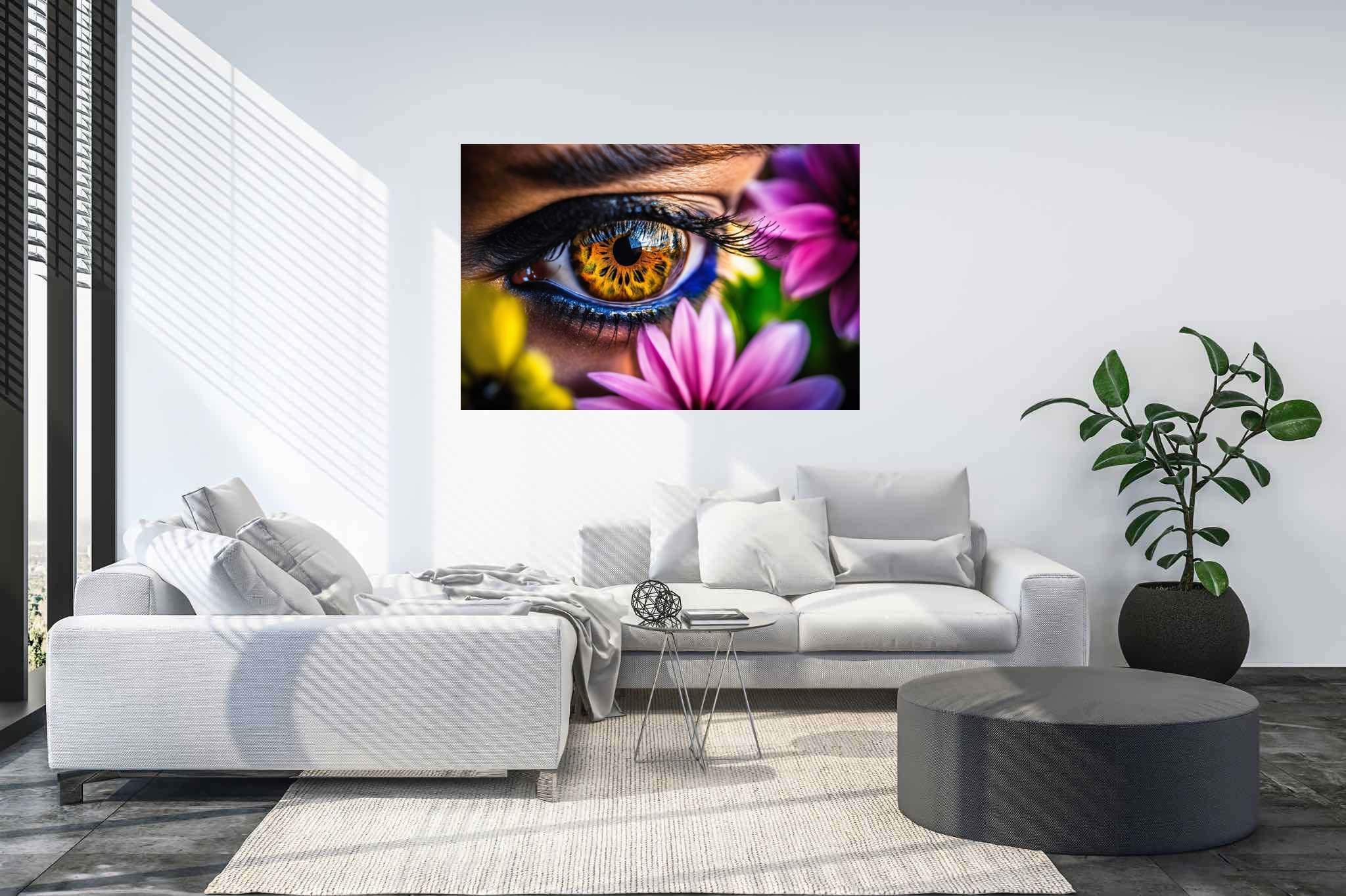 Blossom gaze garden: Eye art with eye art illustrations, in a room with elegant layout, bespoke art designs, and home furnishings. The art can be printed on poster, framed poster, canvas, metal, acrylic or wood, exclusively at WallArtZen. Find this exact print at https://wallartzen.com/waz14