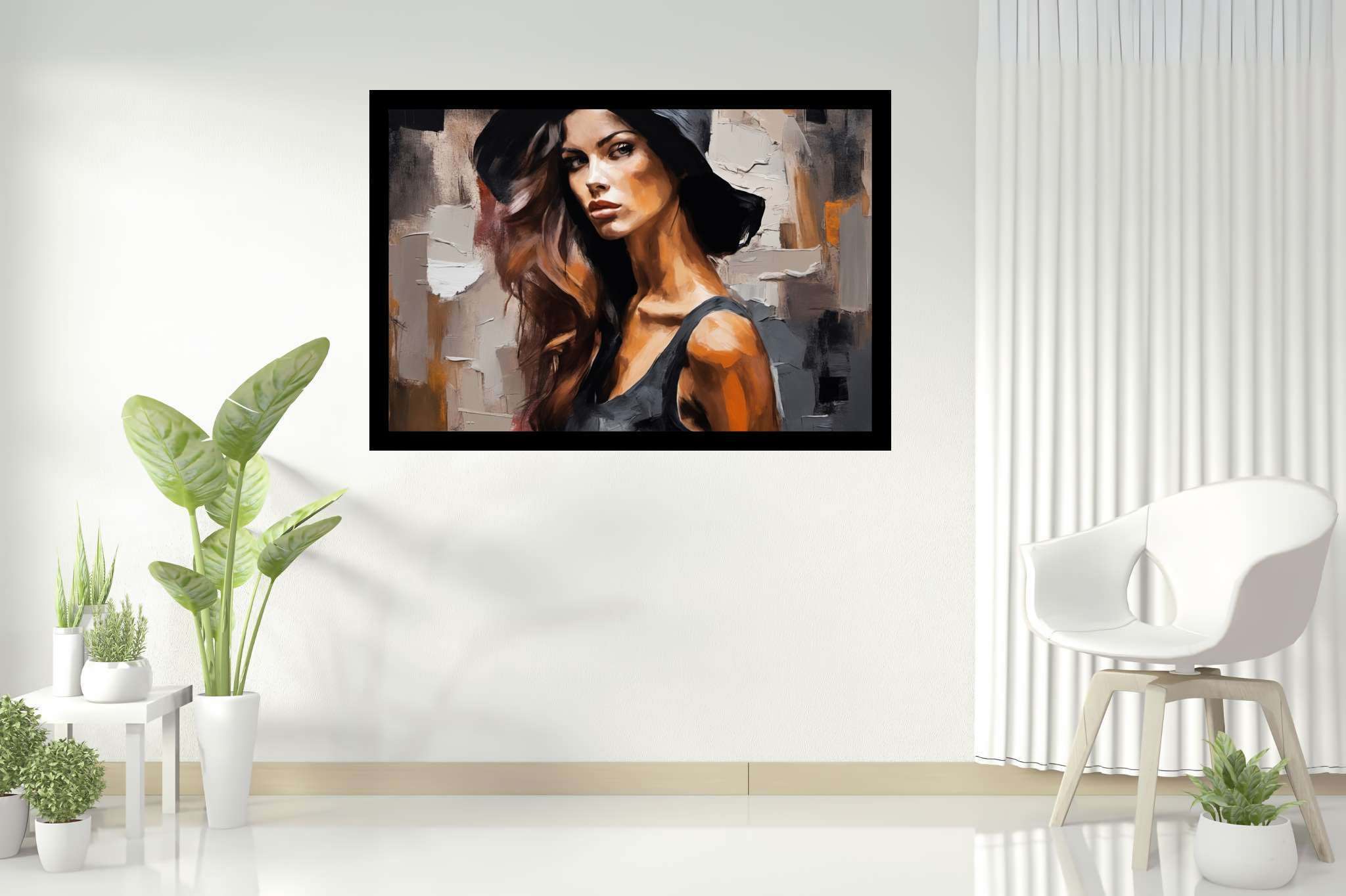 Silhouette of grace: Elegant woman art with stylish woman mixed media, in a room with urban design, gallery-quality artwork, and designer furniture. The art can be printed on poster, framed poster, canvas, metal, acrylic or wood, exclusively at WallArtZen. Find this exact print at https://wallartzen.com/waz150