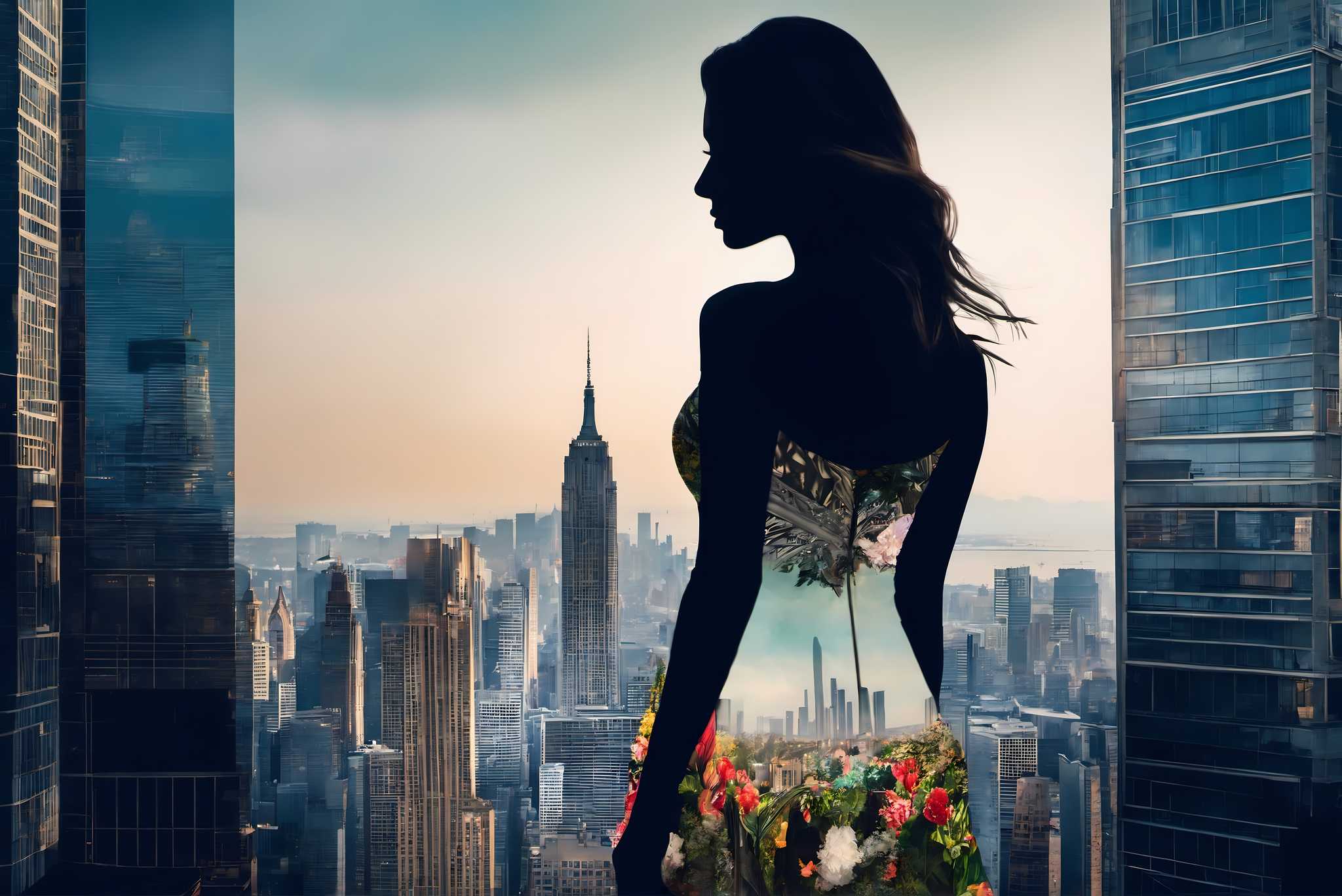 Urban dusk blooms: Silhouette art with artistic interpretation, in a room with great design, digital art pieces, and trendy home accents. The art can be printed on poster, framed poster, canvas, metal, acrylic or wood, exclusively at WallArtZen. Find this exact print at https://wallartzen.com/waz152