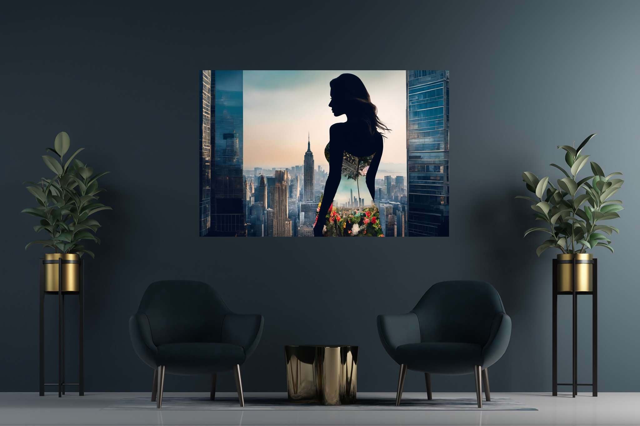 Urban dusk blooms: Silhouette art with expressive art, in a room with urban design, wall hangings, and designer furniture. The art can be printed on poster, framed poster, canvas, metal, acrylic or wood, exclusively at WallArtZen. Find this exact print at https://wallartzen.com/waz152
