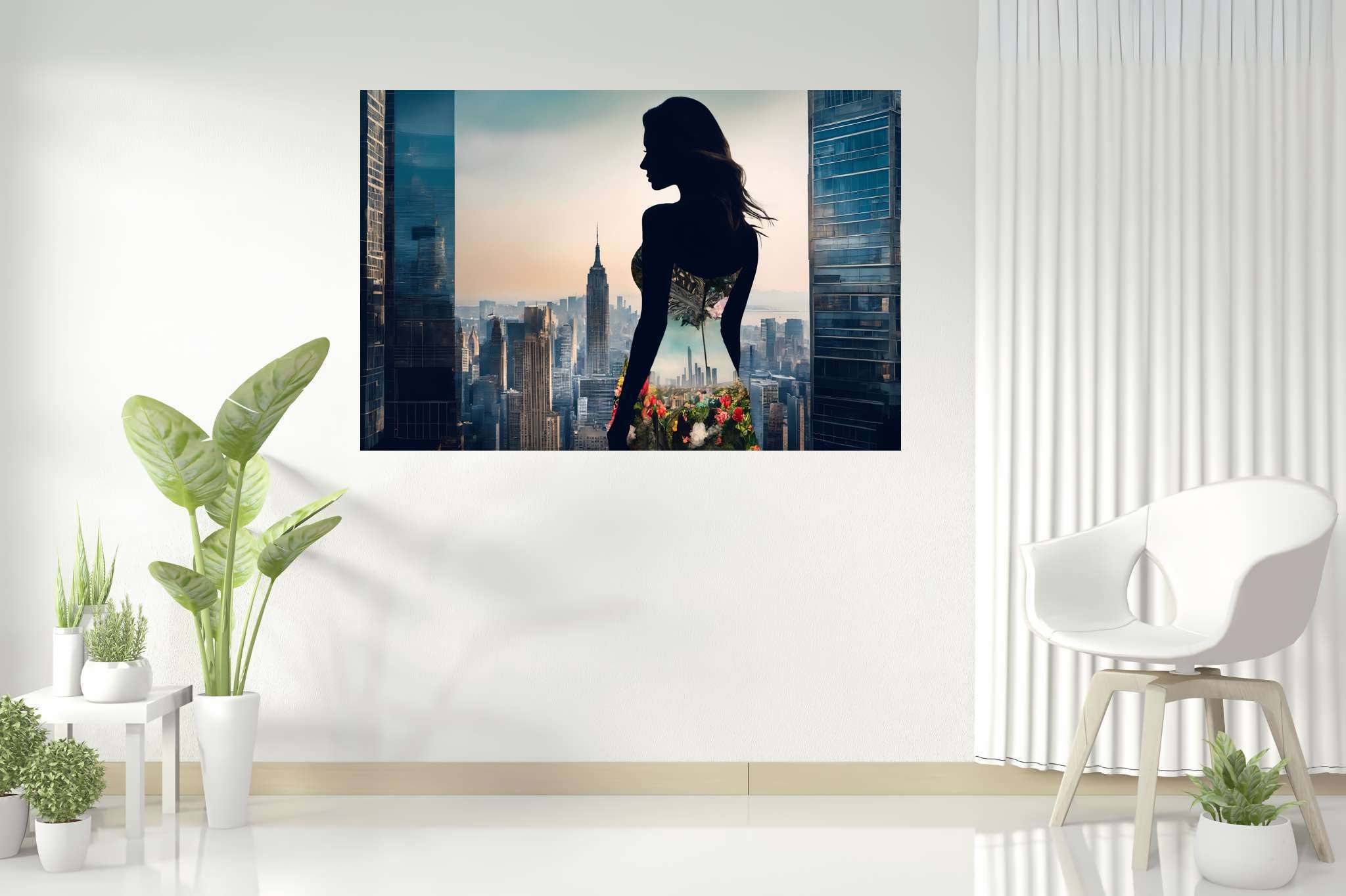 Urban dusk blooms: Silhouette art with dark art, in a room with contemporary flair, wall hangings, and home furnishings. The art can be printed on poster, framed poster, canvas, metal, acrylic or wood, exclusively at WallArtZen. Find this exact print at https://wallartzen.com/waz152