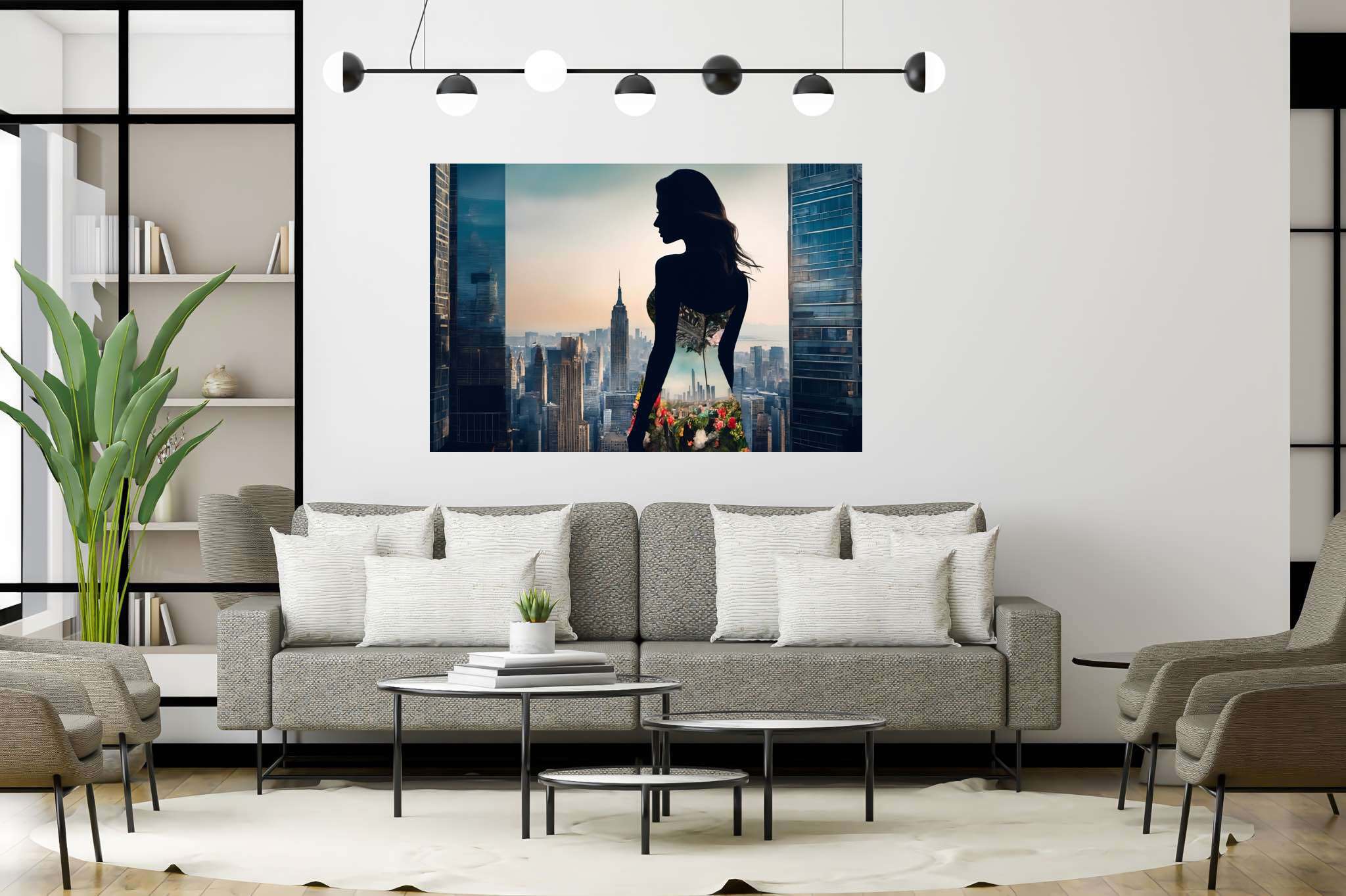 Urban dusk blooms: Silhouette art with fine art, in a room with elegant layout, wall art, and luxe decor. The art can be printed on poster, framed poster, canvas, metal, acrylic or wood, exclusively at WallArtZen. Find this exact print at https://wallartzen.com/waz152