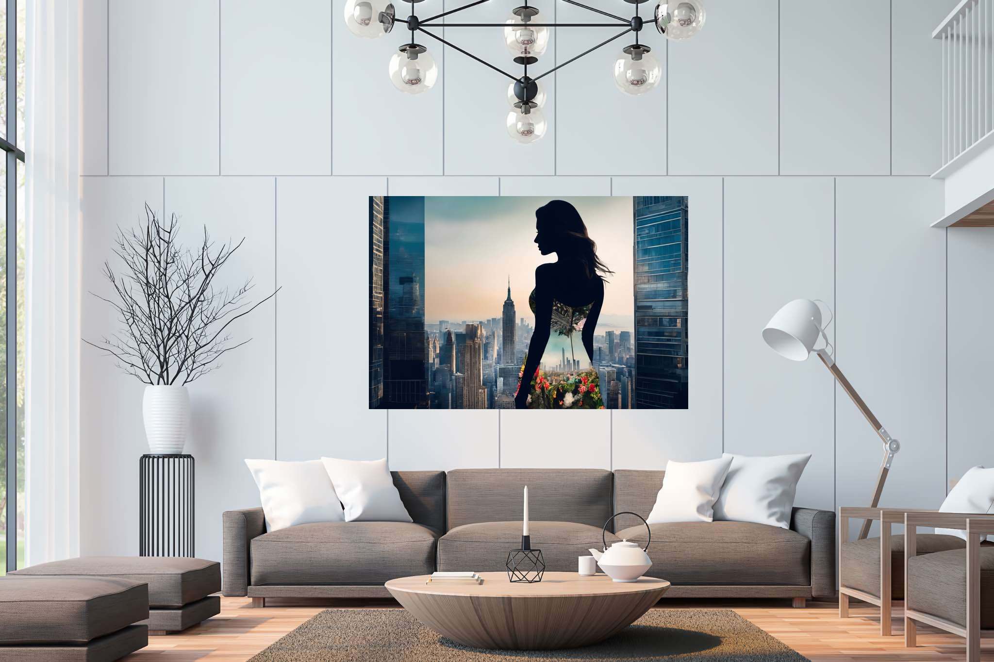 Urban dusk blooms: Silhouette art with fine art, in a room with artistic style, digital art pieces, and home furnishings. The art can be printed on poster, framed poster, canvas, metal, acrylic or wood, exclusively at WallArtZen. Find this exact print at https://wallartzen.com/waz152