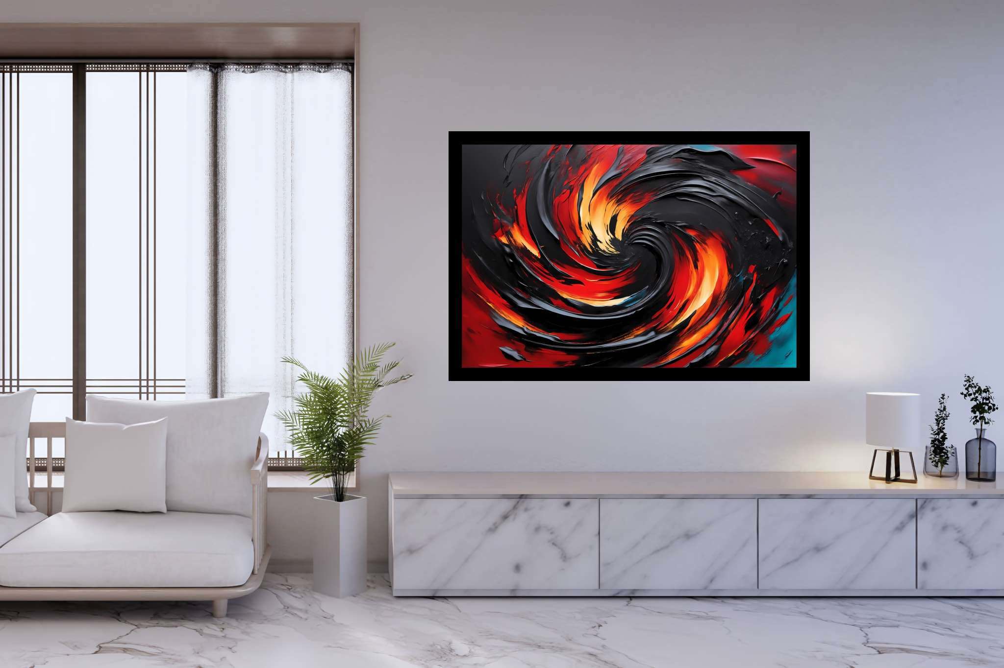 Chromatic vortex odyssey: Vibrant art with expressive designs, in a room with innovative layout, bespoke art designs, and luxe decor. The art can be printed on poster, framed poster, canvas, metal, acrylic or wood, exclusively at WallArtZen. Find this exact print at https://wallartzen.com/waz153