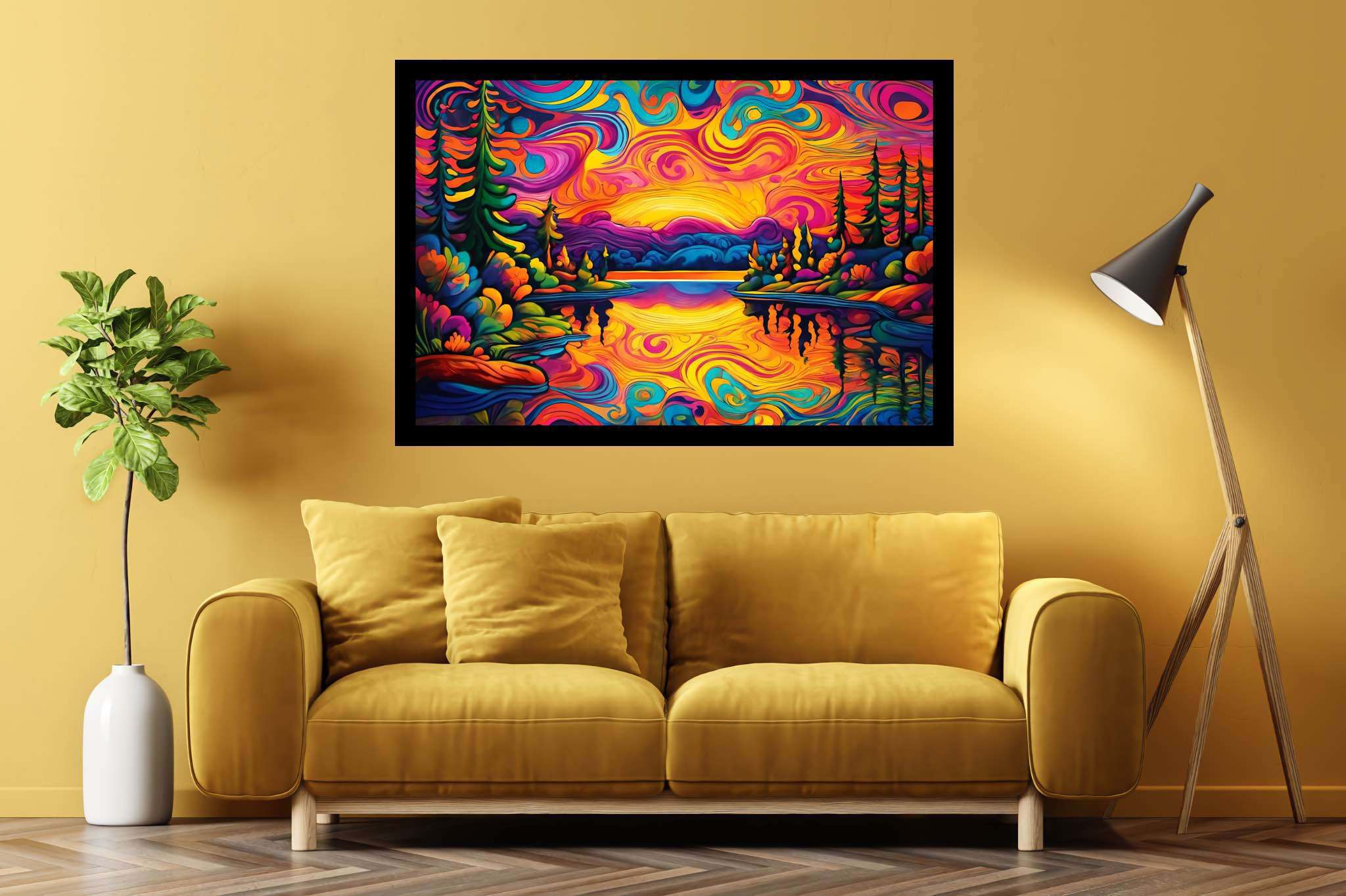 Evening's embrace unfolding: Sunset art with landscape painting, in a room with minimalist approach, fine art prints, and luxe decor. The art can be printed on poster, framed poster, canvas, metal, acrylic or wood, exclusively at WallArtZen. Find this exact print at https://wallartzen.com/waz154