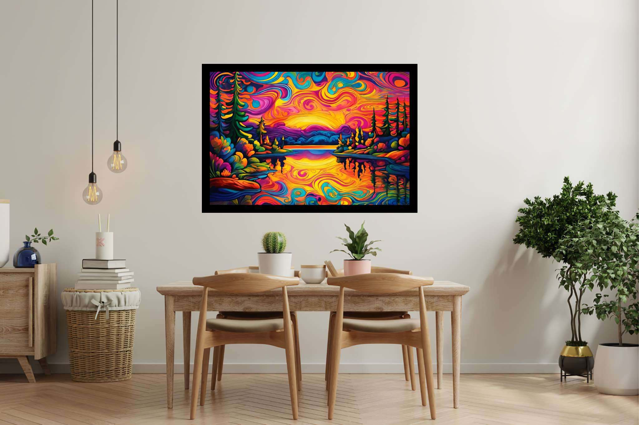 Evening's embrace unfolding: Sunset art with sunset art, in a room with modern style, fine art prints, and home furnishings. The art can be printed on poster, framed poster, canvas, metal, acrylic or wood, exclusively at WallArtZen. Find this exact print at https://wallartzen.com/waz154